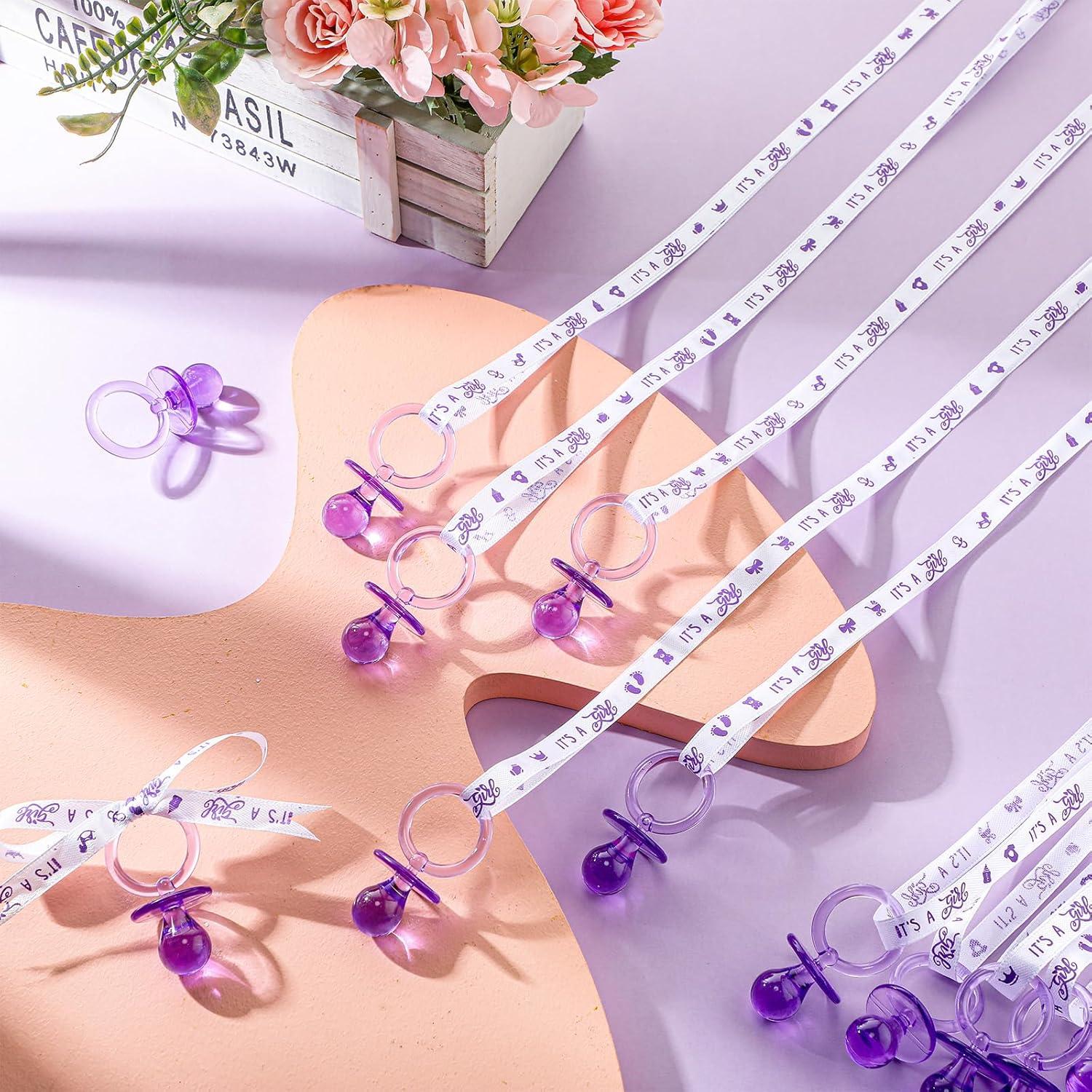 36 Chupetes Acrílicos para Baby Shower Tigeen - Púrpura y Blanco