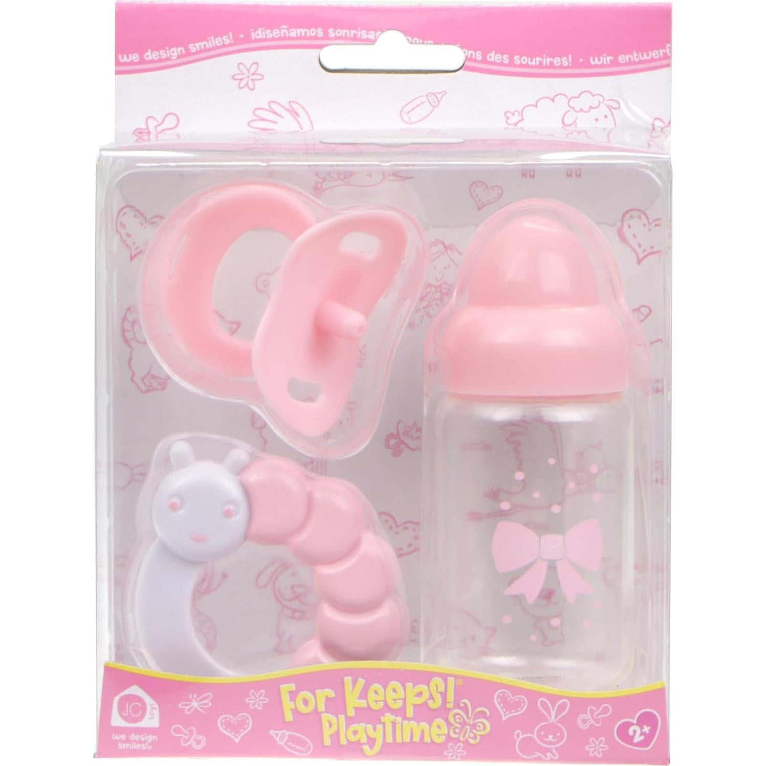 Juego de Accesorios para Muñecas JC Toys - Botella, Sonajero y Chupete Rosa
