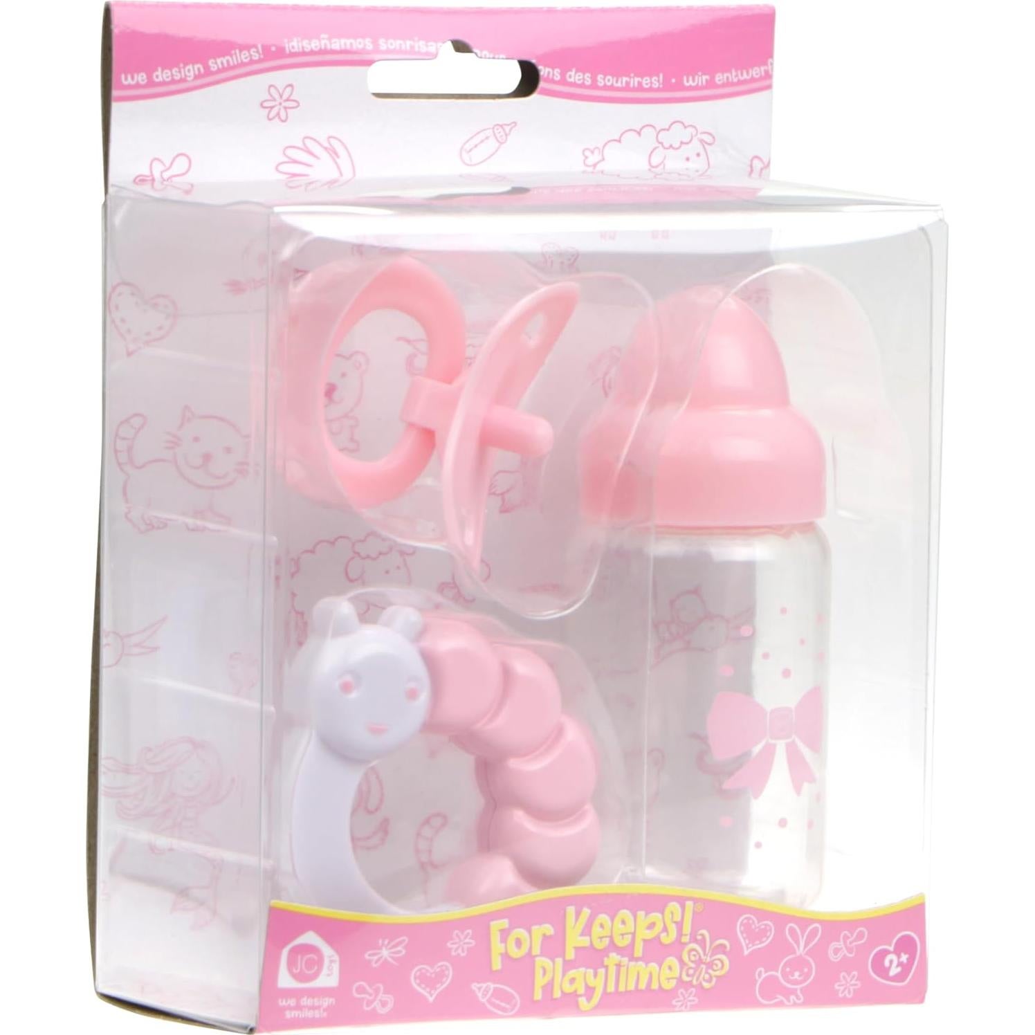 Juego de Accesorios para Muñecas JC Toys - Botella, Sonajero y Chupete Rosa