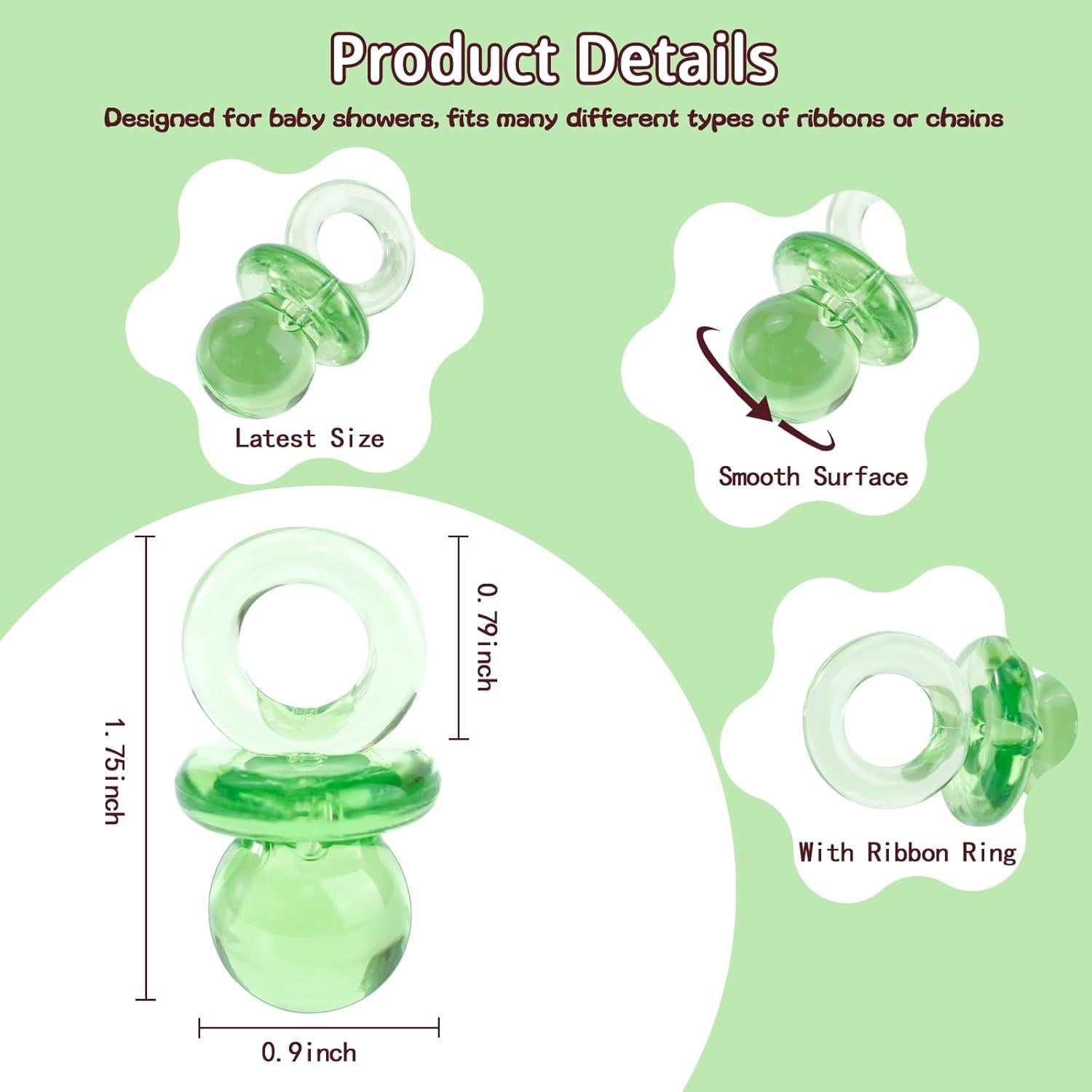 36 Chupetes Acrílicos Verdes para Baby Shower 4.45 cm
