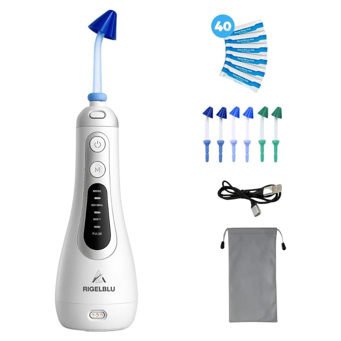 Irrigador Nasal Inalámbrico RIGELBLU con 3 Modos y 6 Puntas