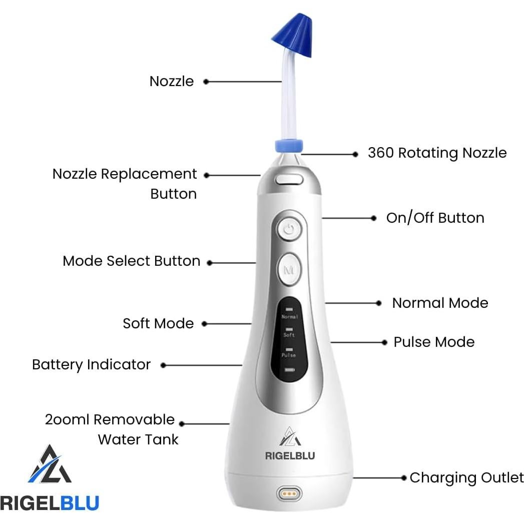 Irrigador Nasal Inalámbrico RIGELBLU con 3 Modos y 6 Puntas