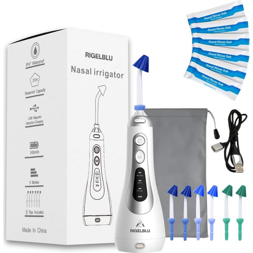 Irrigador Nasal Inalámbrico RIGELBLU con 3 Modos y 6 Puntas