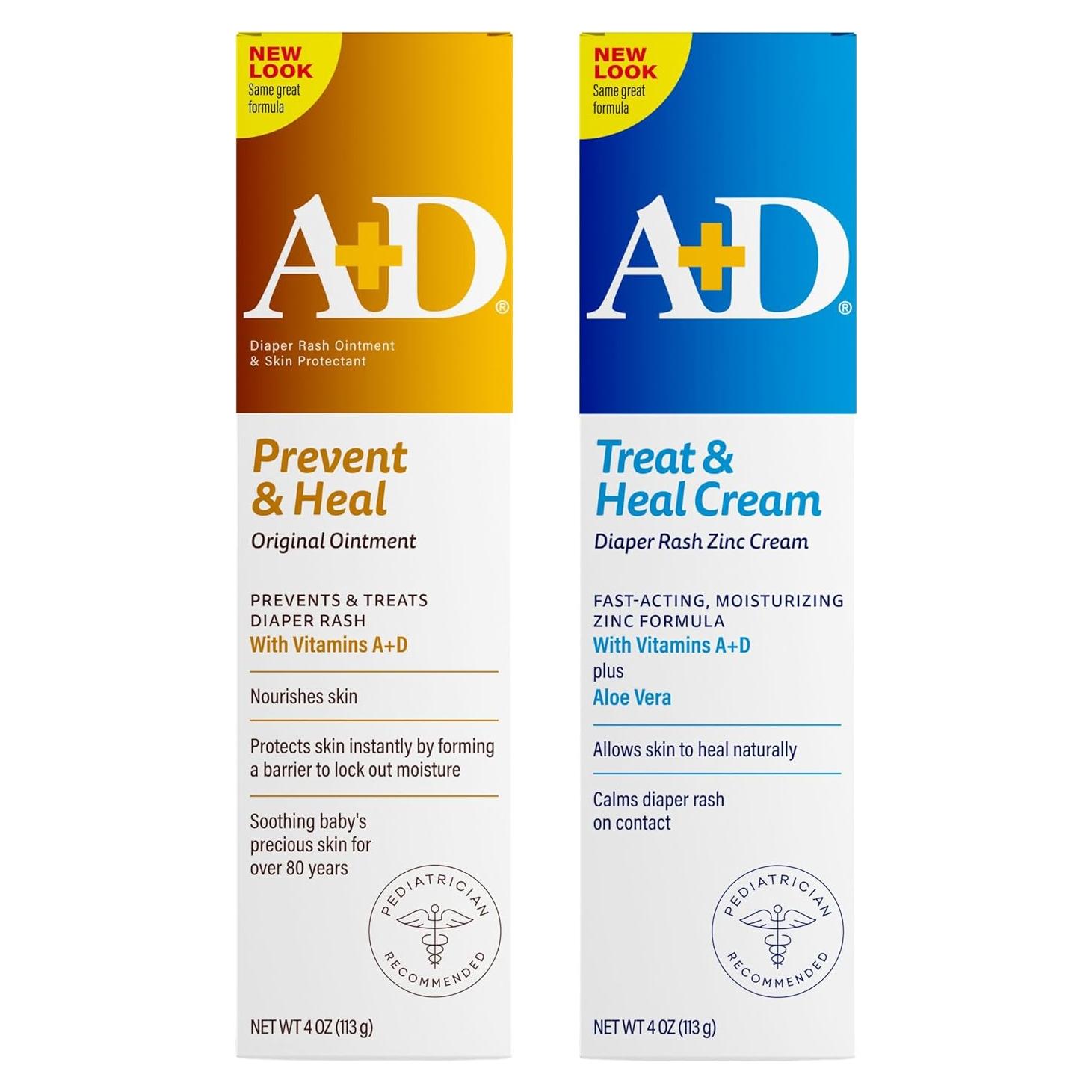 A+D Original Diaper Rash Ointment + Zinc Oxide Diaper Rash Cream 4oz Variety Pack - Prevents & Treats - Moisturizing Skin Protectant With Vitamins A & D