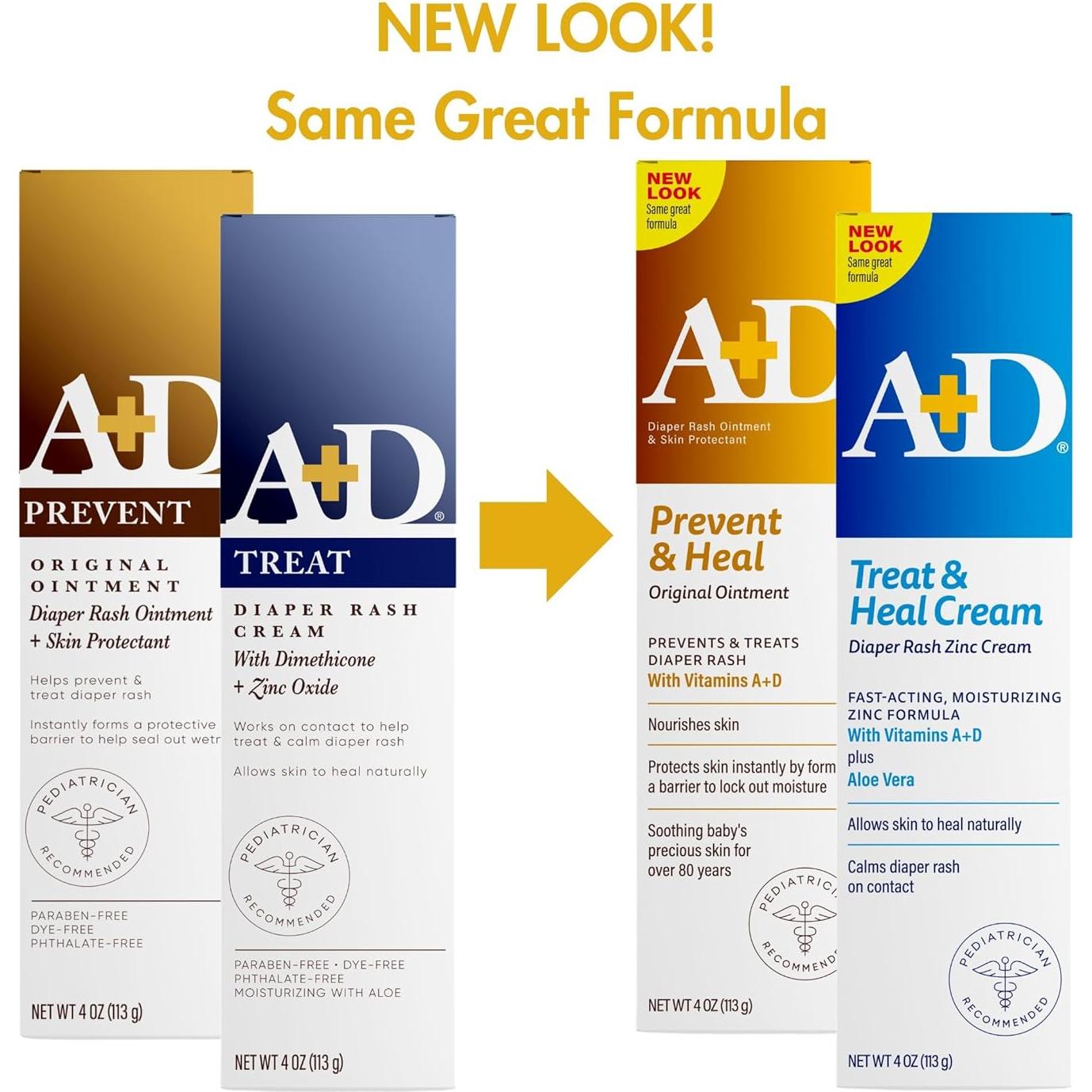 A+D Original Diaper Rash Ointment + Zinc Oxide Diaper Rash Cream 4oz Variety Pack - Prevents & Treats - Moisturizing Skin Protectant With Vitamins A & D