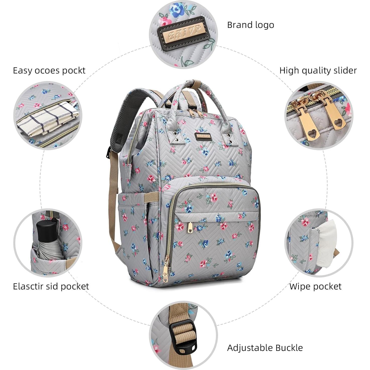 Mochila de Pañales GAIVP Unisex Flores Grises 30L