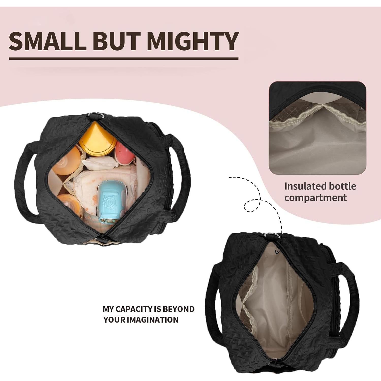 Bolso de Pañales Pequeño Nylon Negro - 8 Bolsillos, Ligero