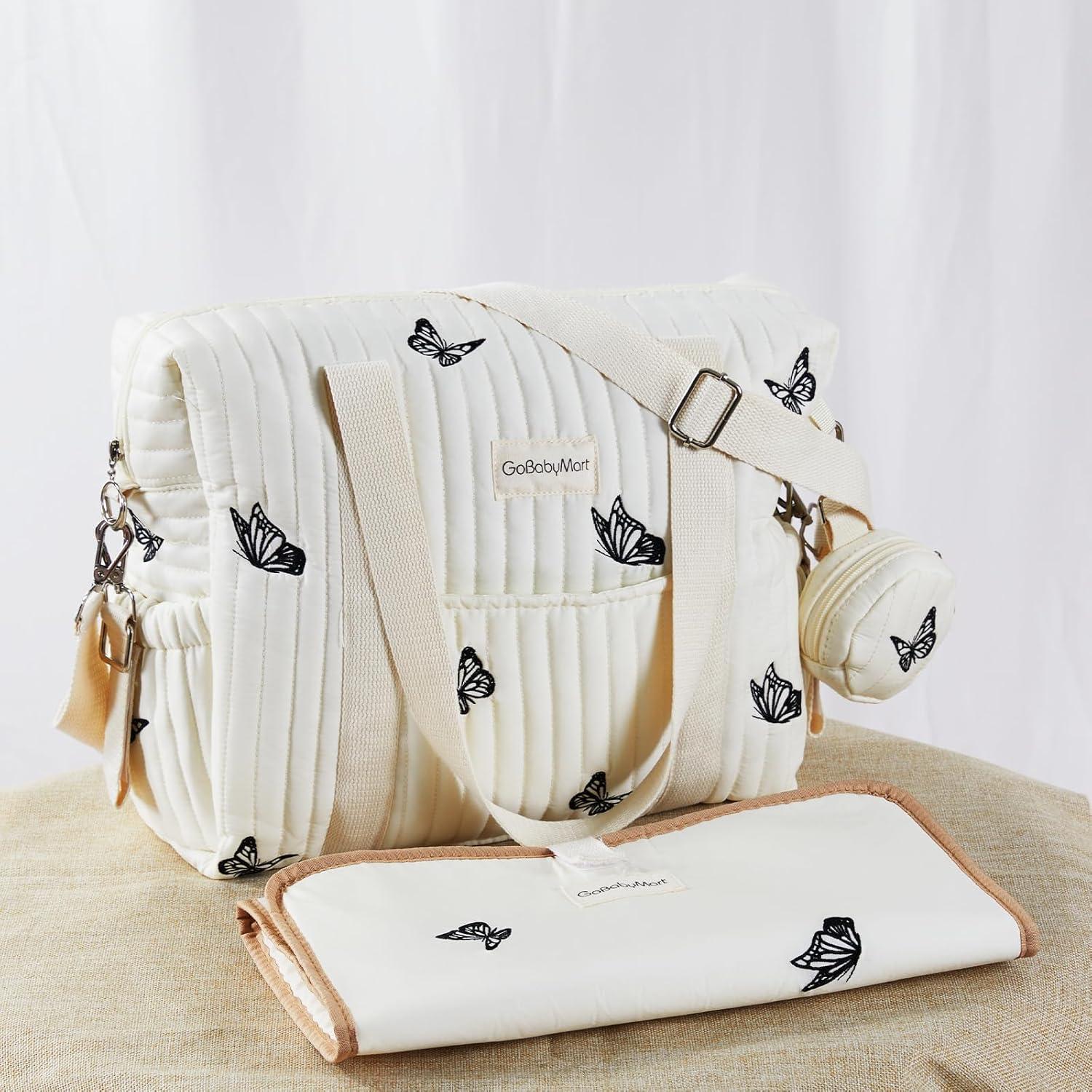 Bolsa de Pañales Grande GoBabyMart - Mariposas Beige, 38x15x30cm