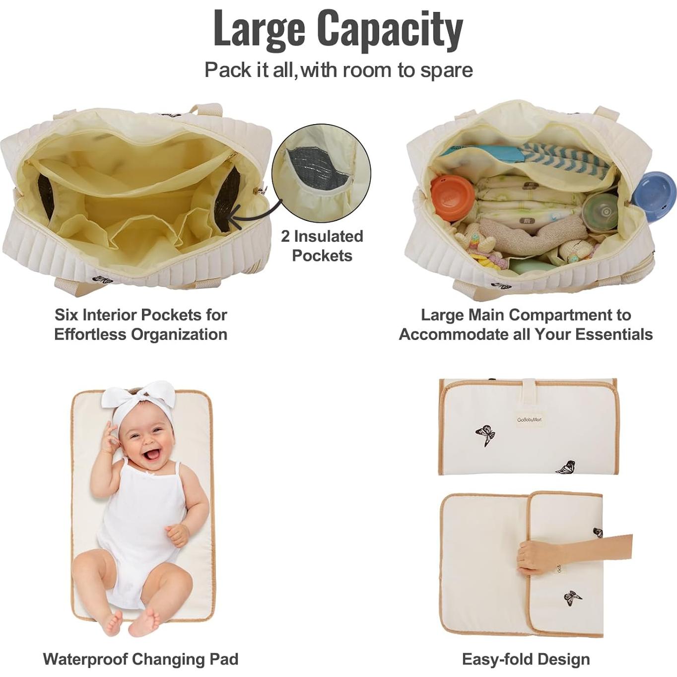 Bolsa de Pañales Grande GoBabyMart - Mariposas Beige, 38x15x30cm