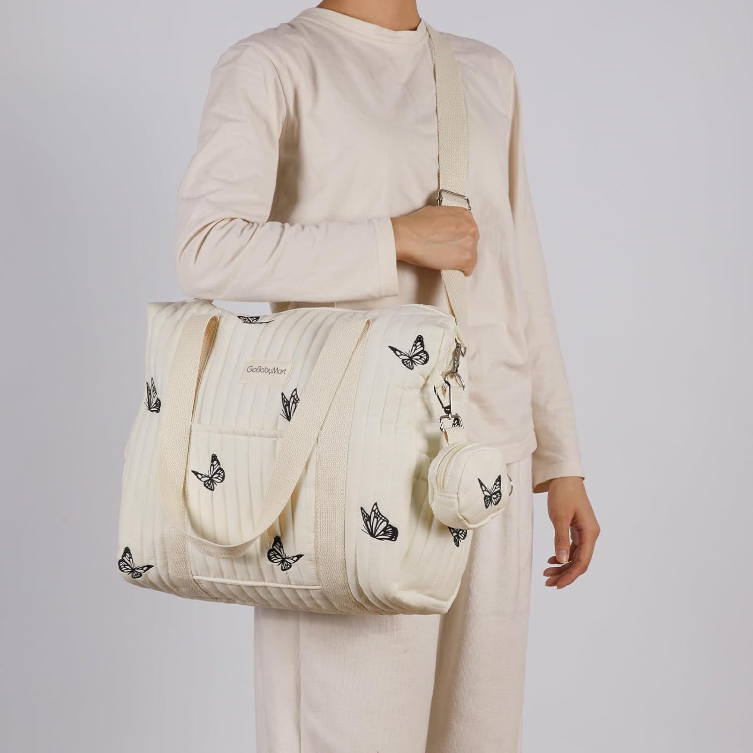 Bolsa de Pañales Grande GoBabyMart - Mariposas Beige, 38x15x30cm