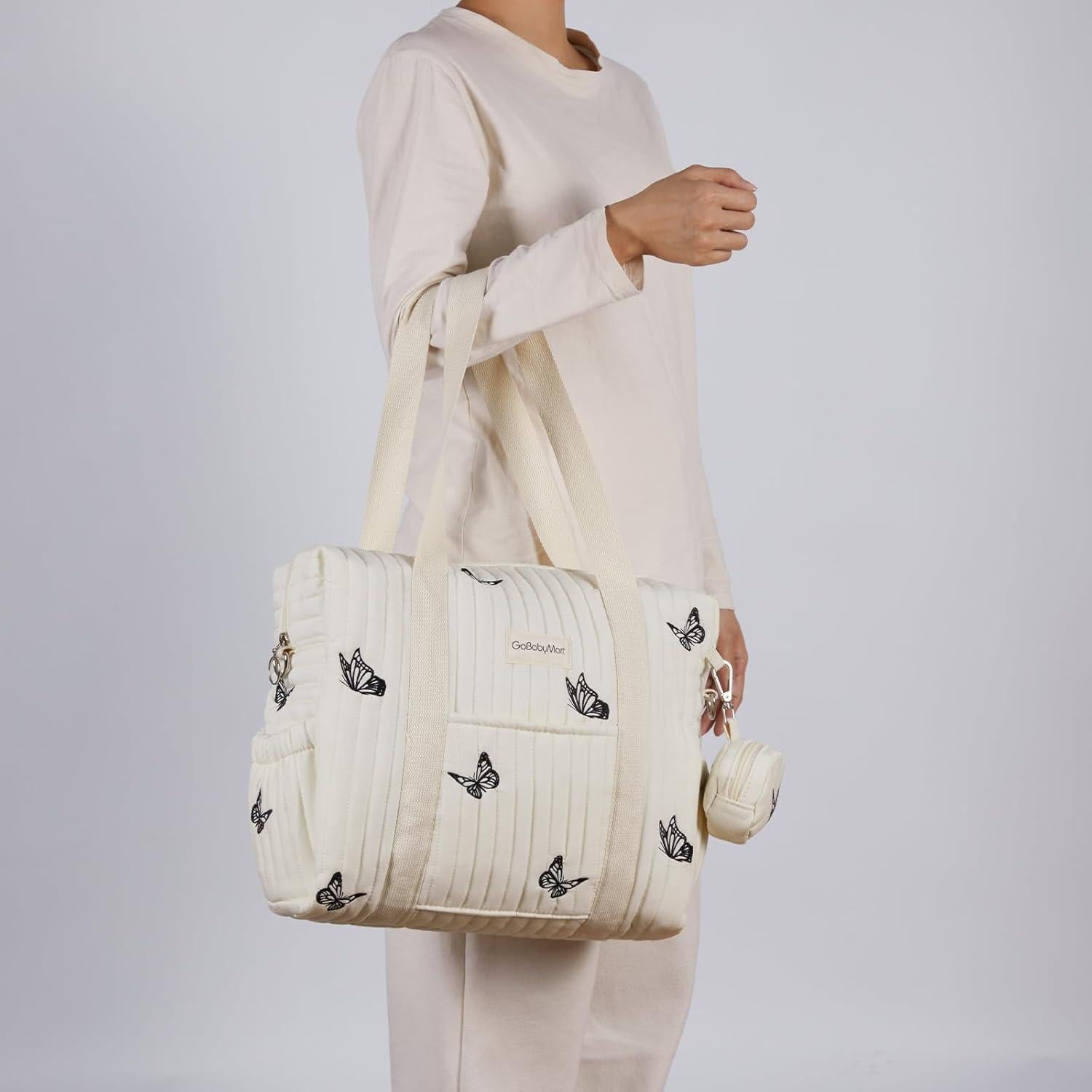 Bolsa de Pañales Grande GoBabyMart - Mariposas Beige, 38x15x30cm