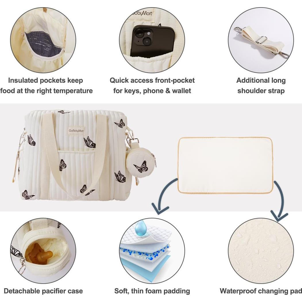 Bolsa de Pañales Grande GoBabyMart - Mariposas Beige, 38x15x30cm