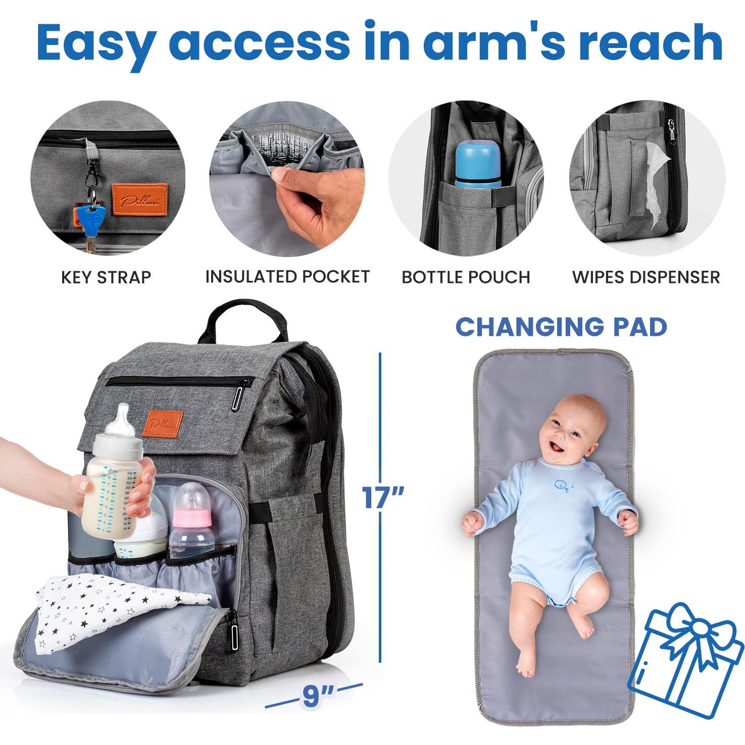 Mochila para Pañales Pillani Gris - Impermeable y Ligera 25L