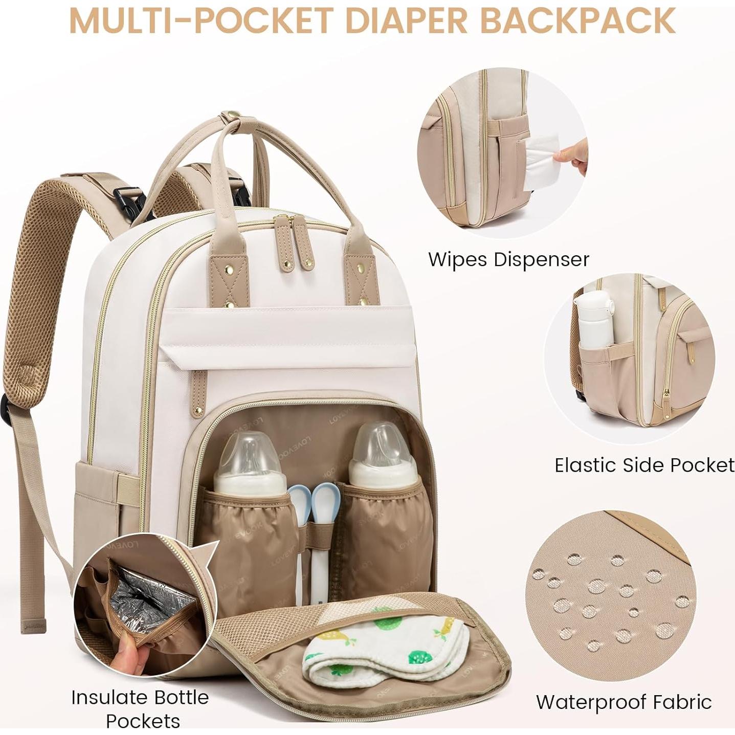 Mochila para Pañales LOVEVOOK Beige-Khaki 30L con Cambiador