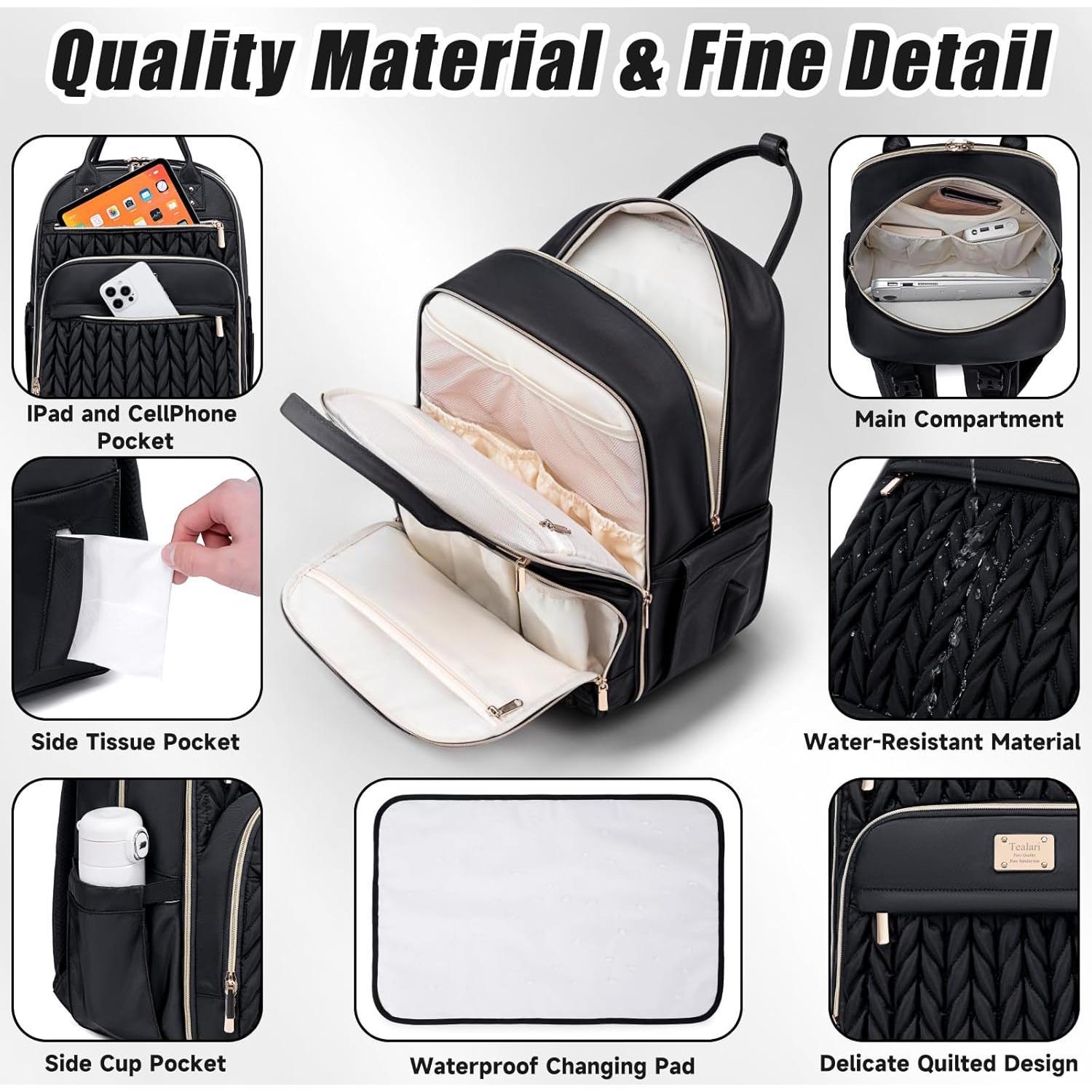 Mochila para Pañales Elegante Impermeable con Cambiador Negro