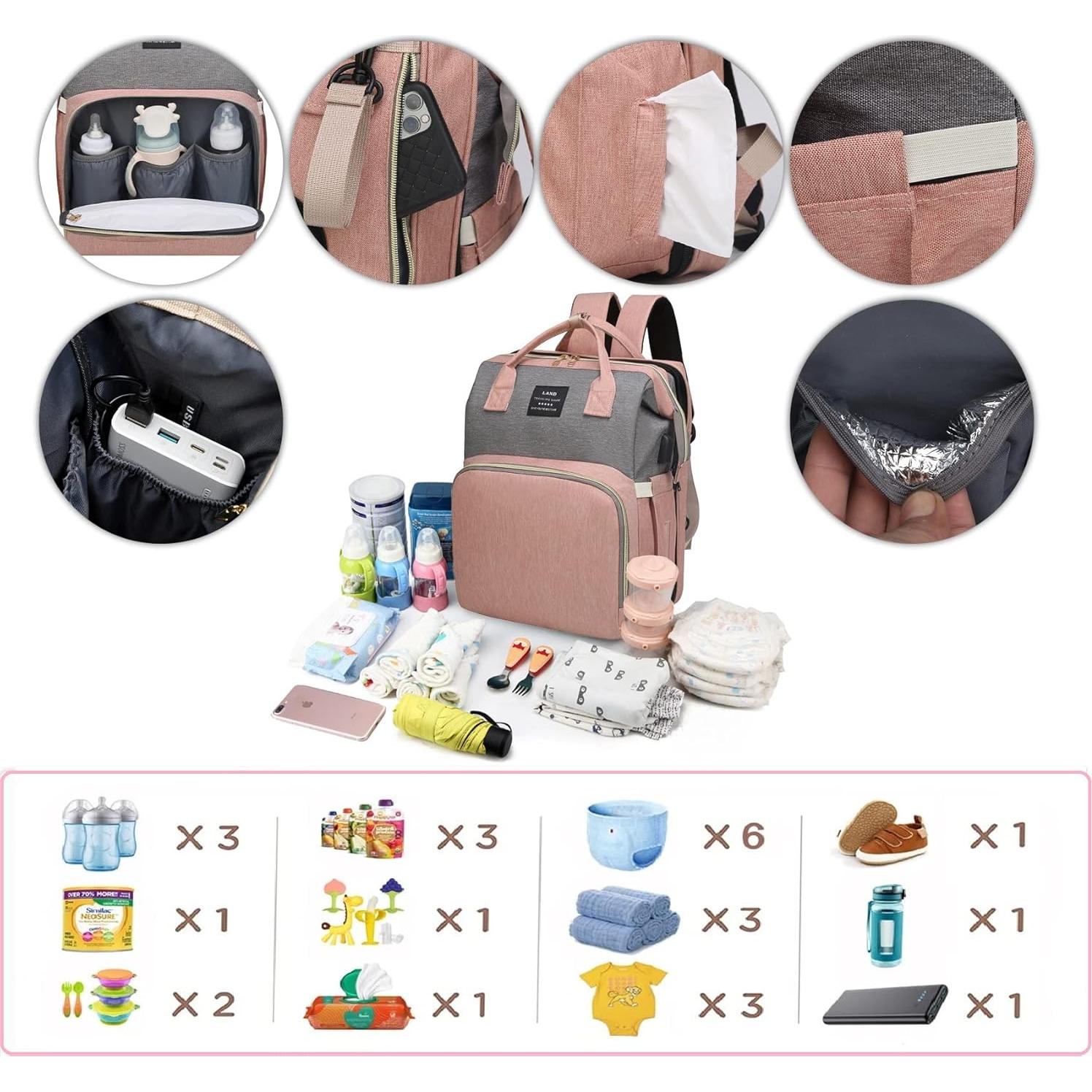 Mochila de Pañales ANWTOTU Rosa-Gris con Estación de Cambio