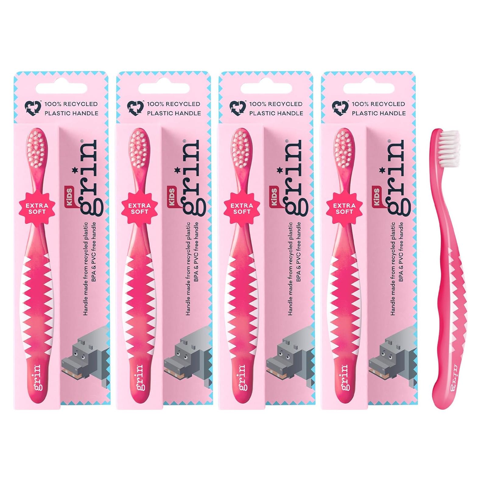 Cepillo de Dientes Grin Kids Rosa 100% Reciclado Extra Suave 4 Unidades