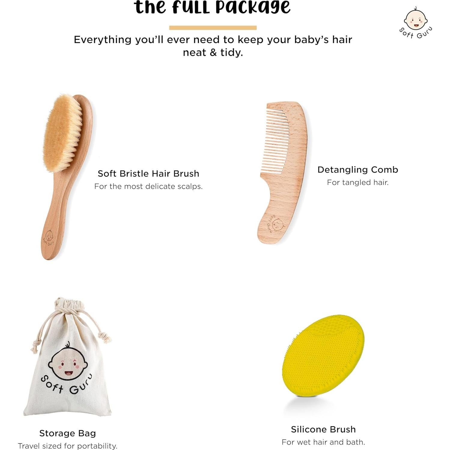 Juego de Cepillo y Peine para Bebés Soft Guru - Madera Natural