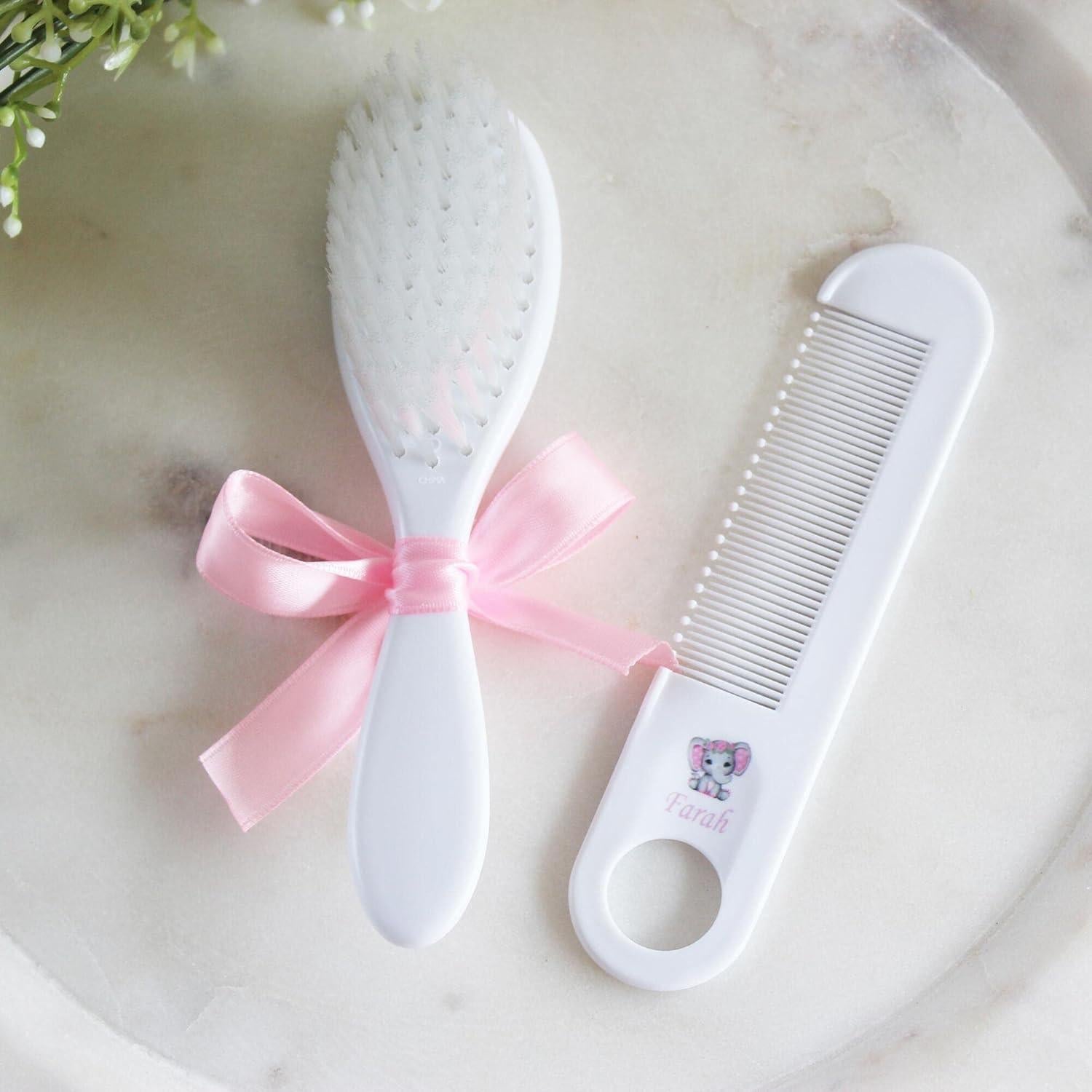 Set de Cepillo y Peine Personalizado para Bebé Elefante Rosa