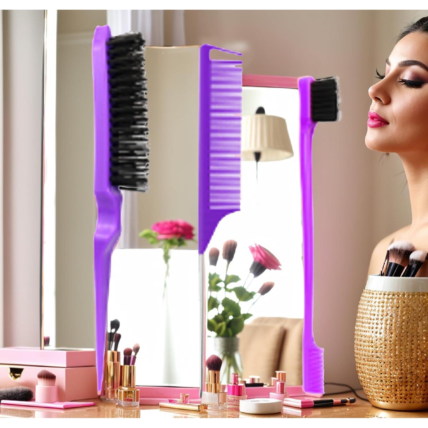 Juego de 3 Peines Morados - Peine Dientes Anchos y Cepillo Ventilado