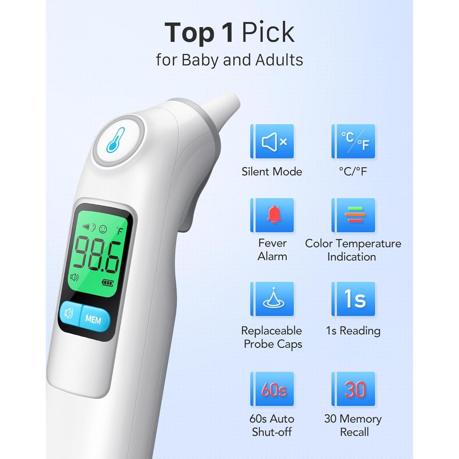 Termómetro de oído Femometer Family DET-1015, 30 memorias, 1s