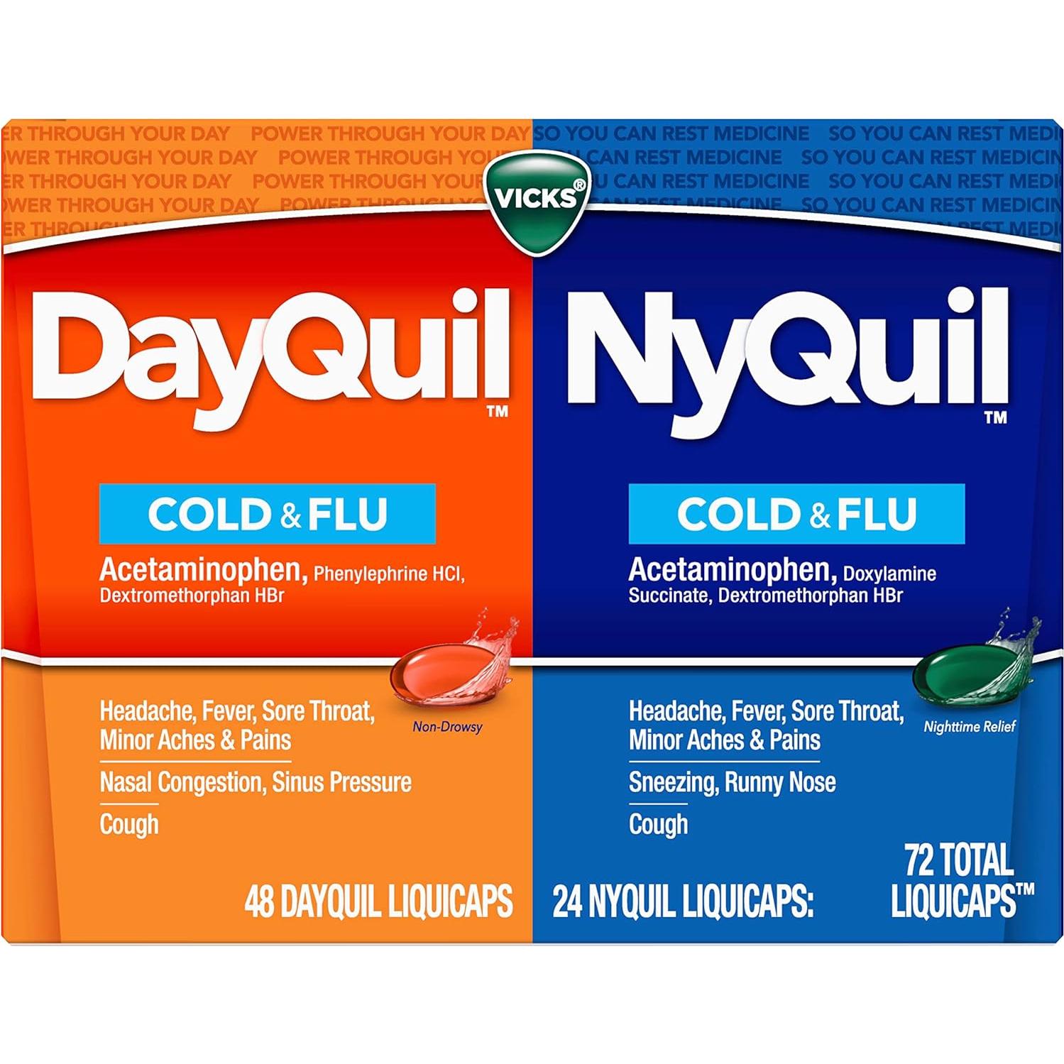Vicks DayQuil y NyQuil 72 Cápsulas - Alivio Resfriado y Gripe