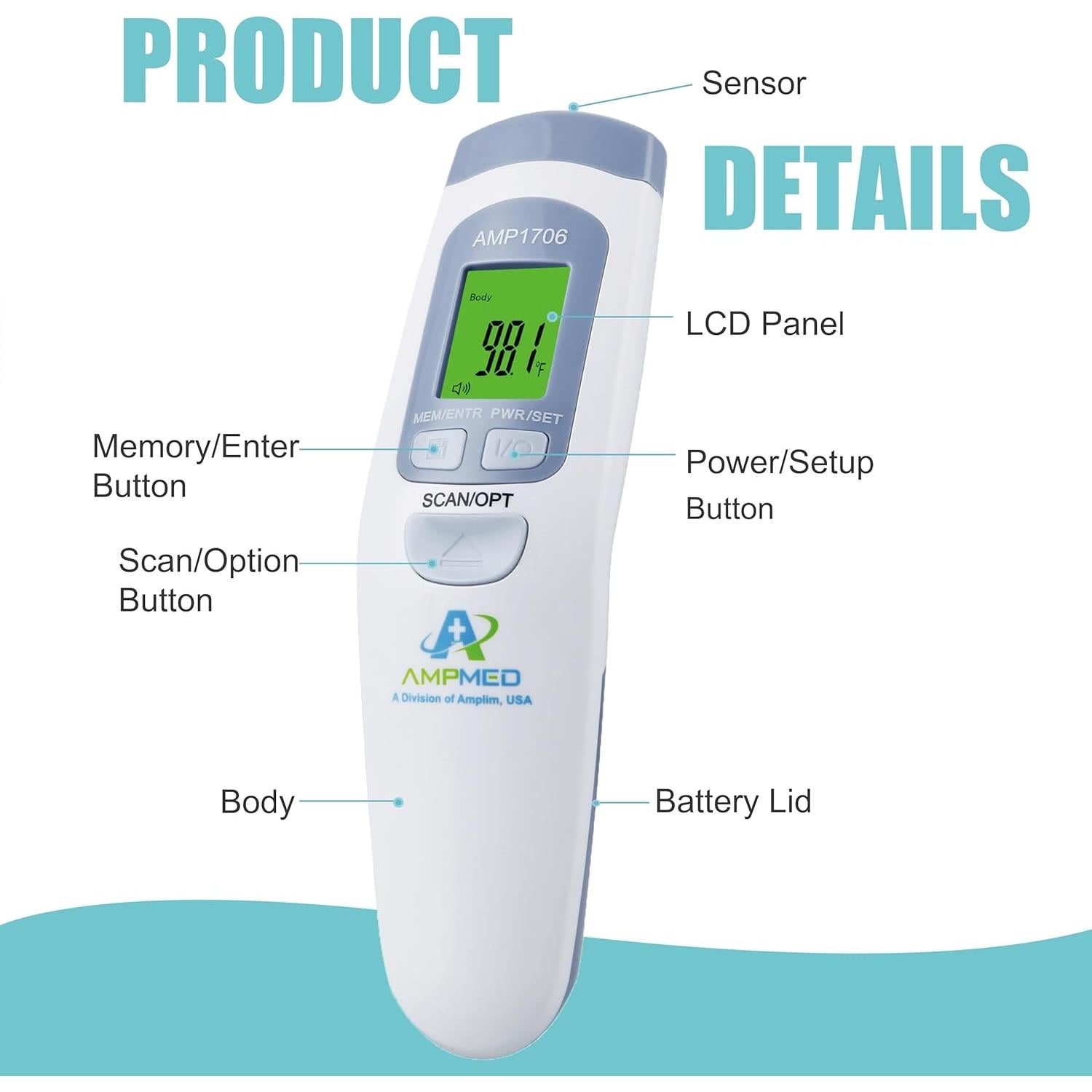 Termómetro Digital Infrarrojo Amplim AMP1706 para Bebés y Adultos