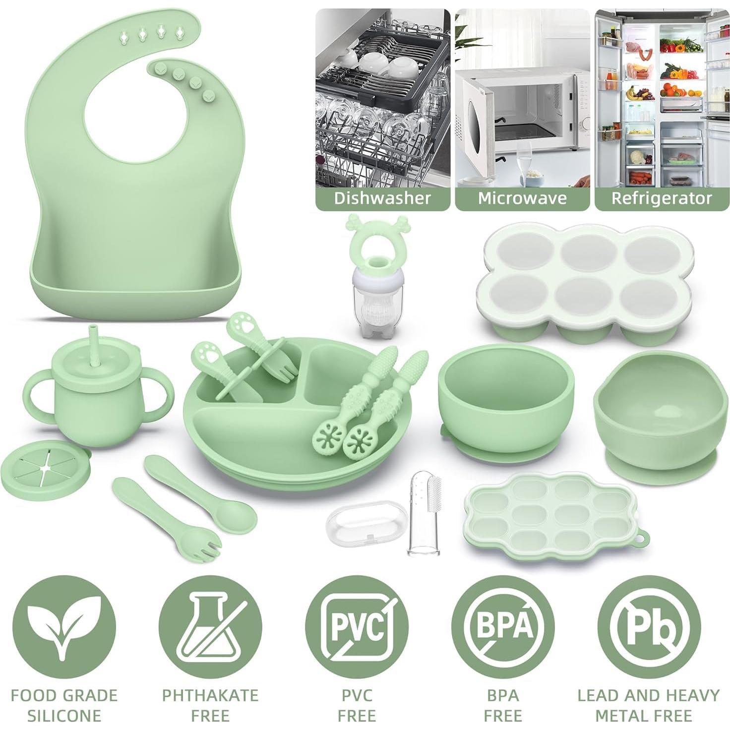 Set de Alimentación de Silicona para Bebés 16 Piezas Verde
