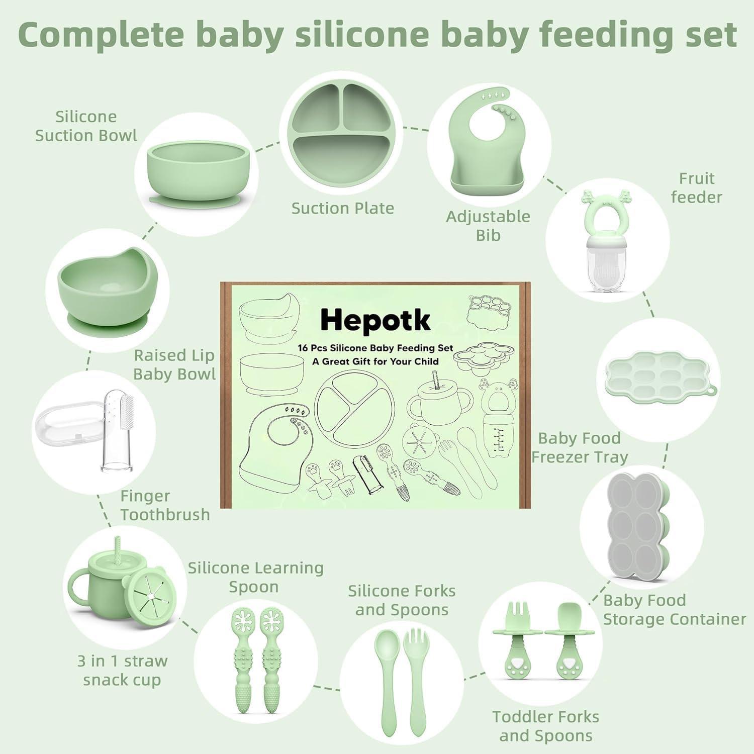 Set de Alimentación de Silicona para Bebés 16 Piezas Verde