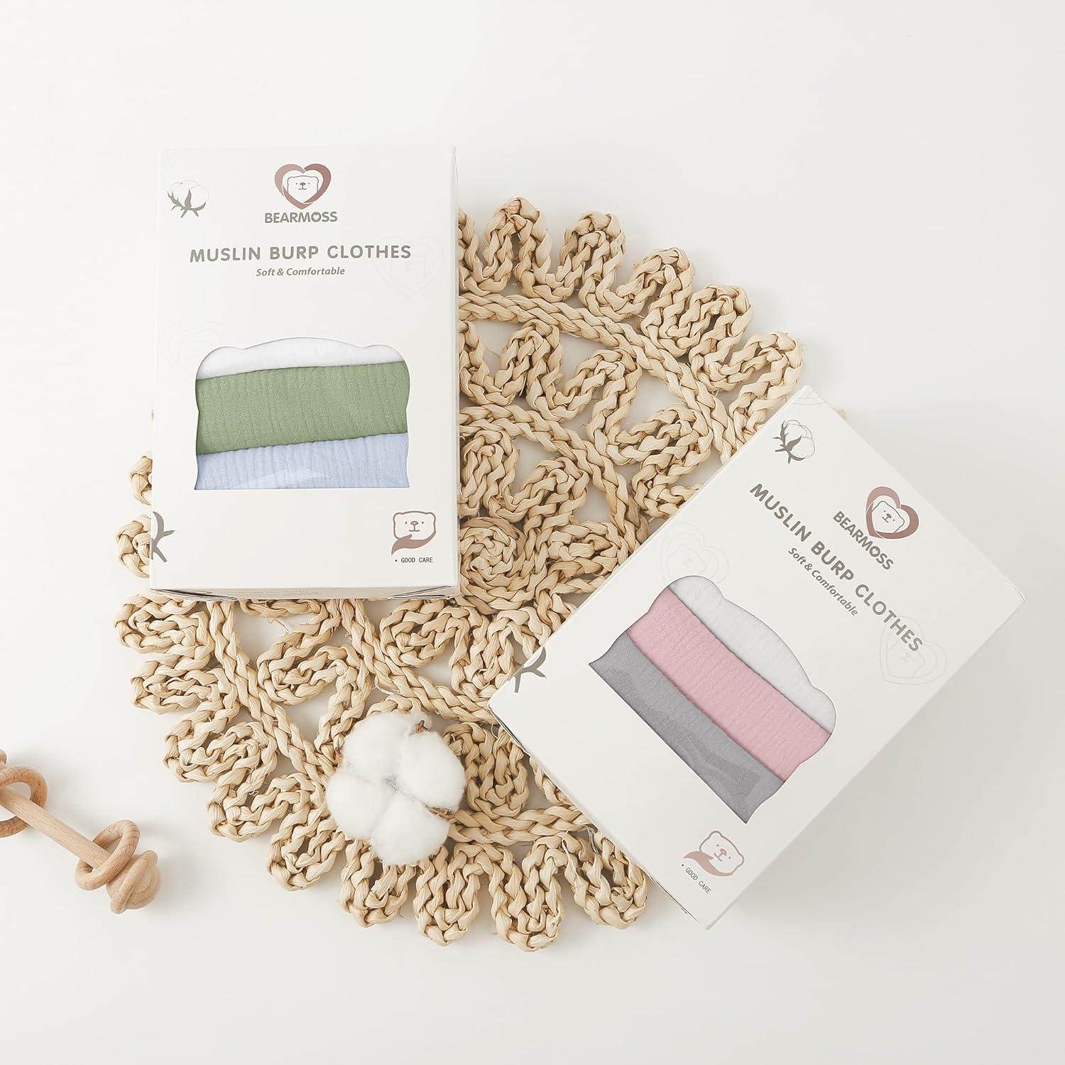 Bearmoss Muslin Burp Cloths, 100% Cotton Baby Burping Clothes, Large Extra Soft Absorbent for Unisex Newborn Boy and Girl, 20x10in, 6 Pack