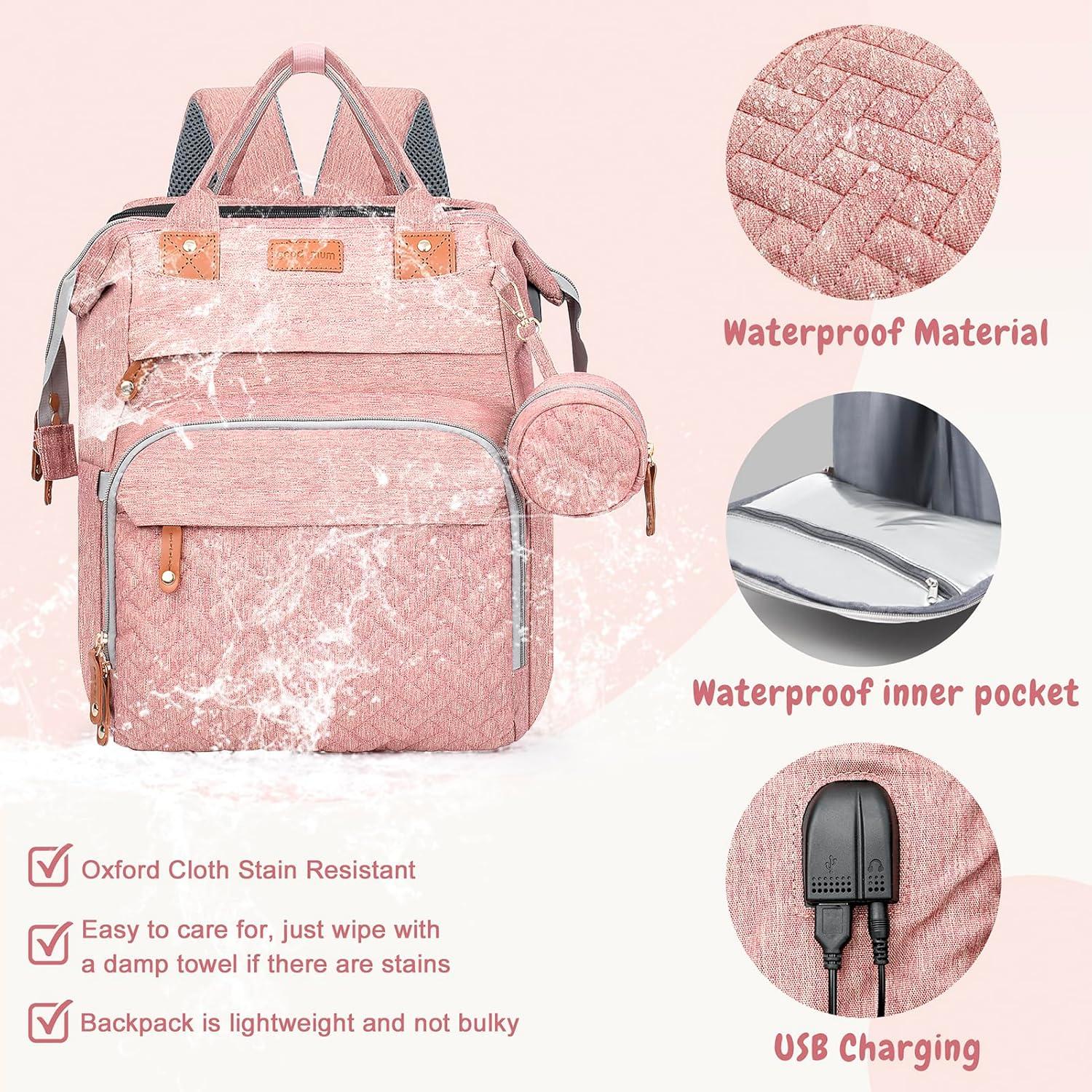 Mochila para Pañales JOYCE Rosa con Mesa de Cambio y USB