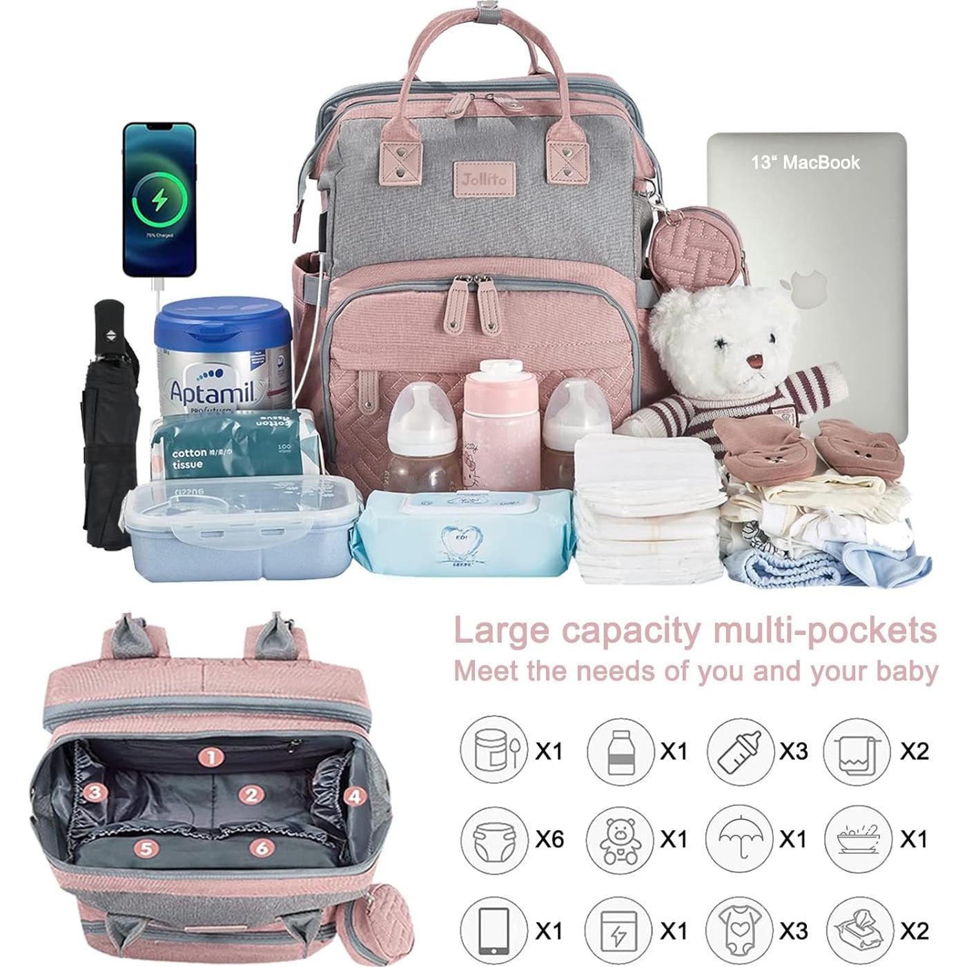 Mochila para Pañales JOLLITO Rosa, Gran Capacidad, USB