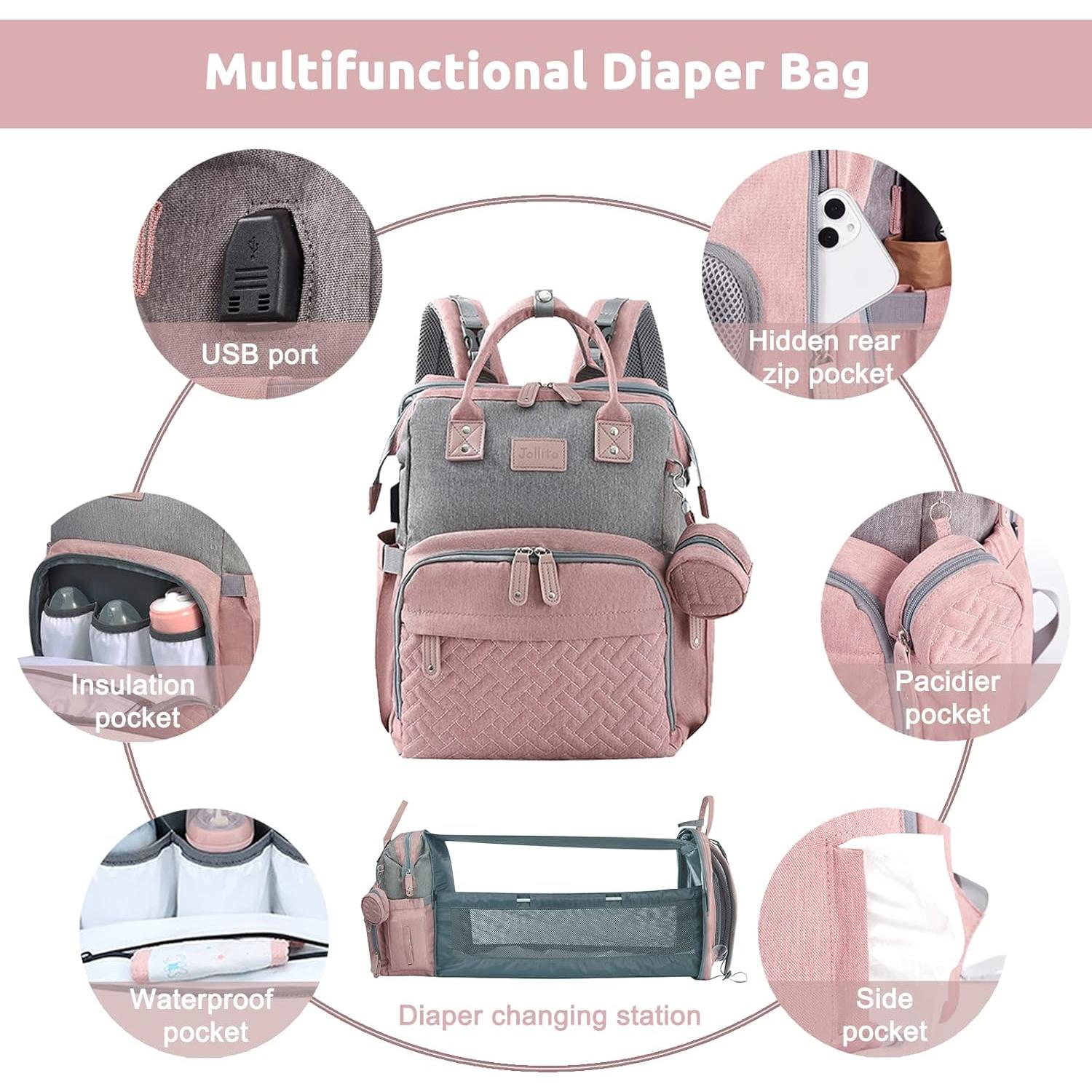 Mochila para Pañales JOLLITO Rosa, Gran Capacidad, USB