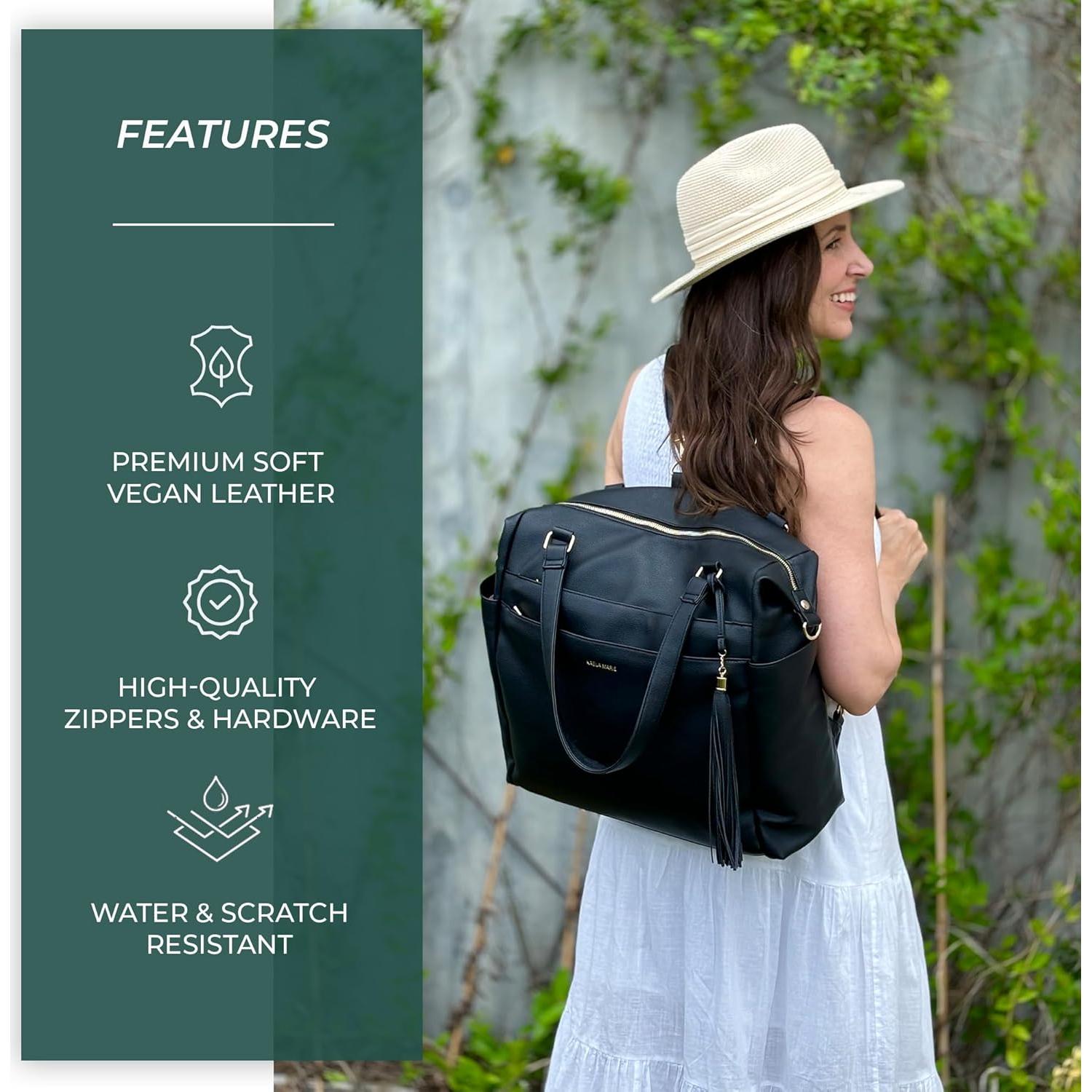 Mochila Grande para Pañales de Cuero Vegano Negro con Cambiador