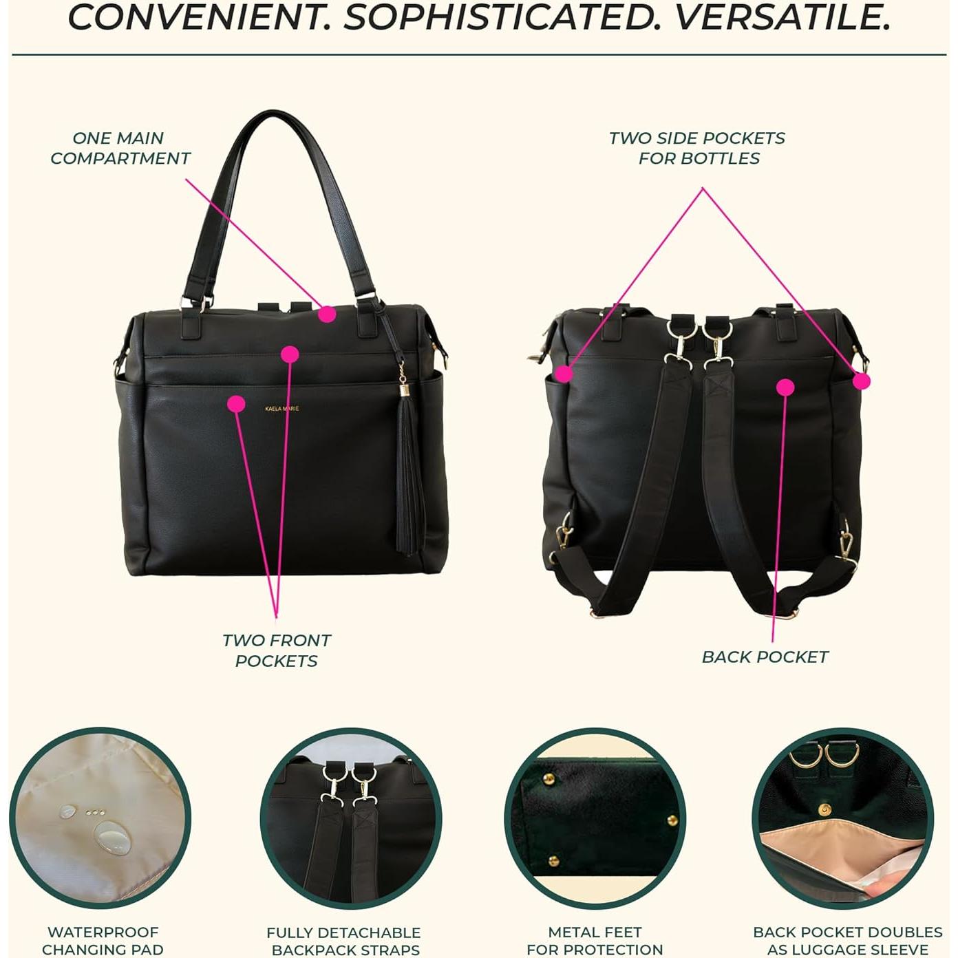 Mochila Grande para Pañales de Cuero Vegano Negro con Cambiador