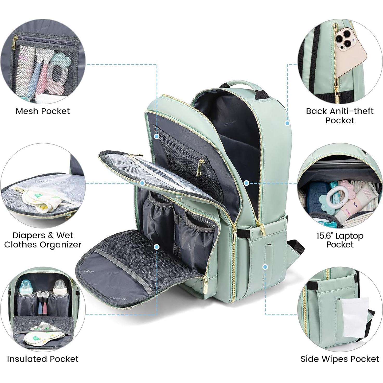 Mochila para Pañales LoveVook Verde Menta con Cambiador y 18 Bolsillos