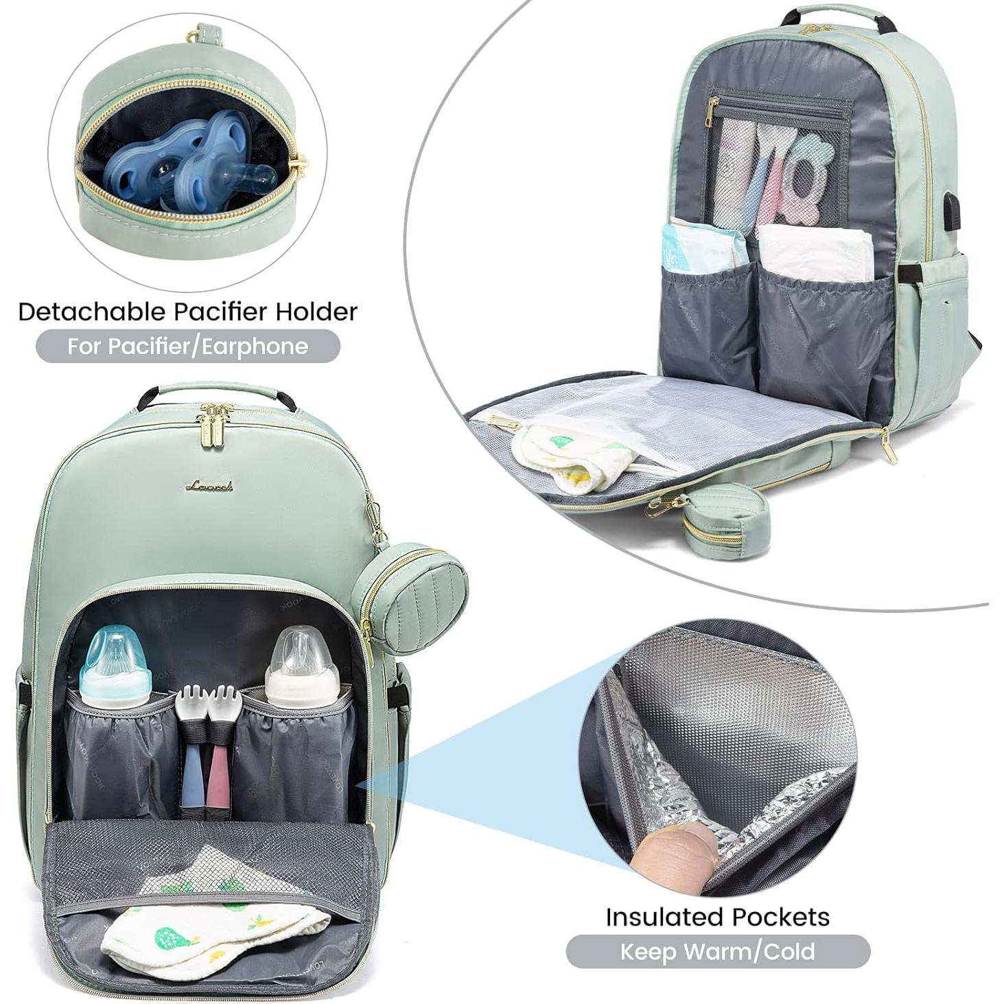 Mochila para Pañales LoveVook Verde Menta con Cambiador y 18 Bolsillos