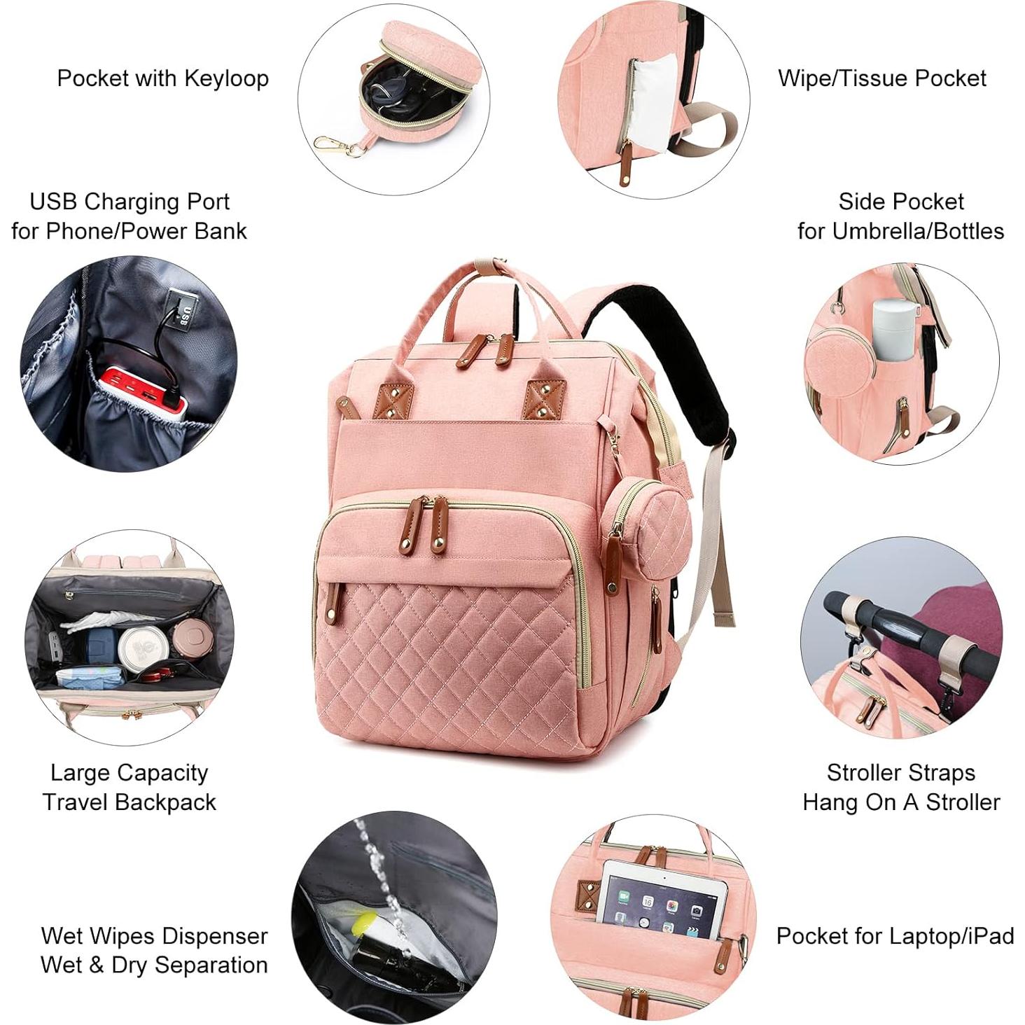 Mochila para Pañales Rosa MT1001 con Estación de Cambio y USB