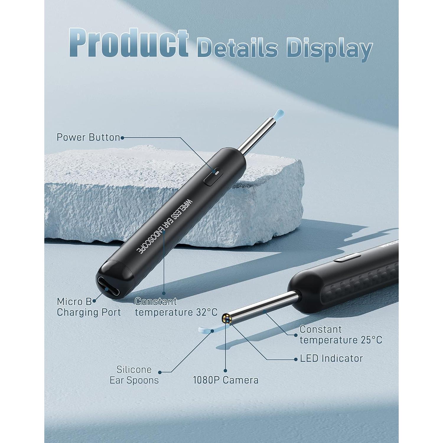 Limpiador de Oído Kolrry con Cámara 1080P y 6 Cucharas