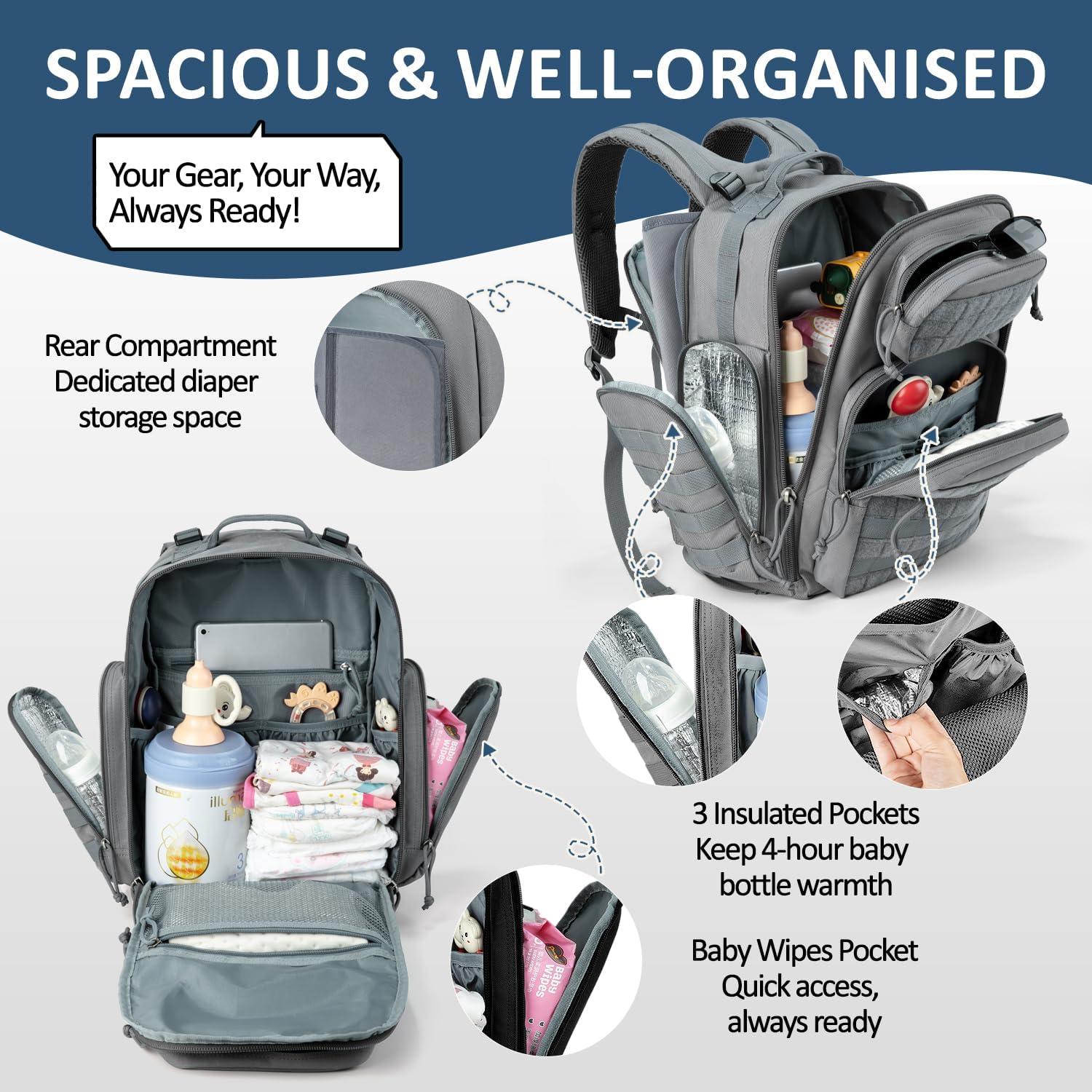 Mochila Militar para Pañales Miracol 40L Gris con Cambiador