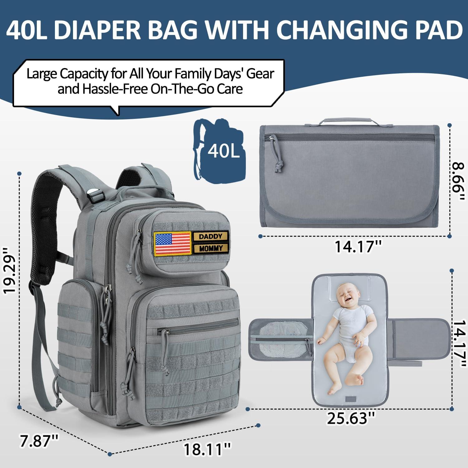 Mochila Militar para Pañales Miracol 40L Gris con Cambiador