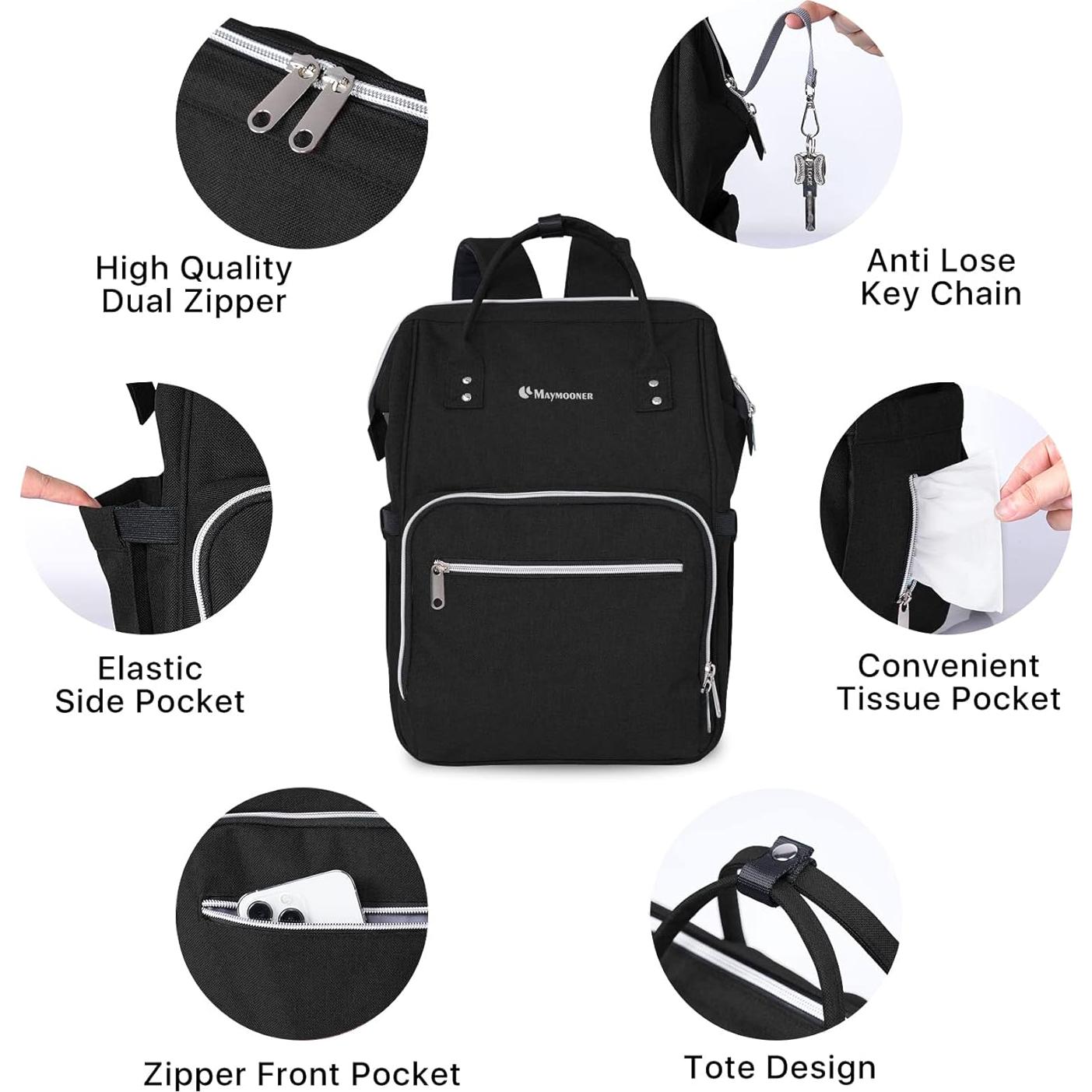 Mochila de Pañales Unisex con Cambiador y Ganchos - Negro