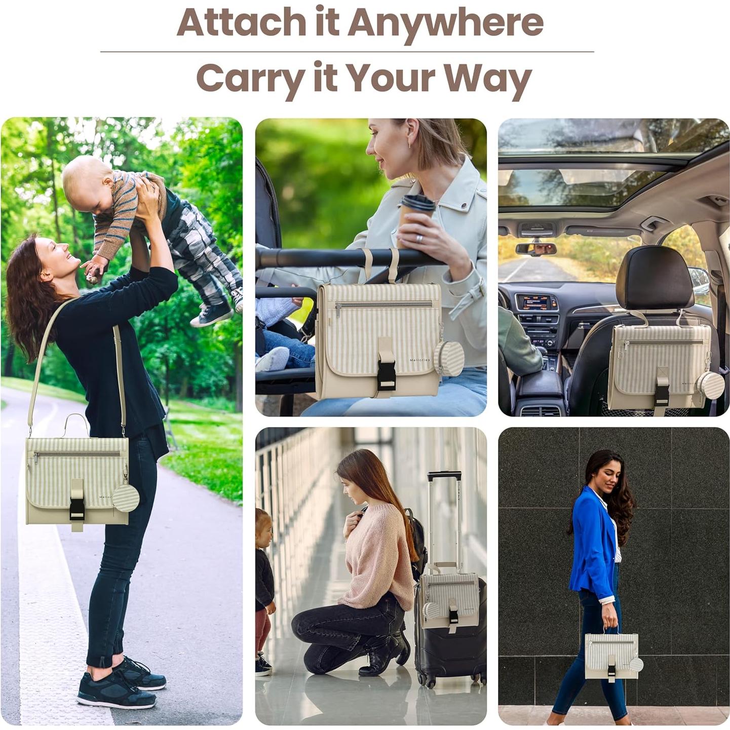 Almohadilla de Cambio de Pañales Portátil Mellories Beige - Impermeable, 9 Bolsillos