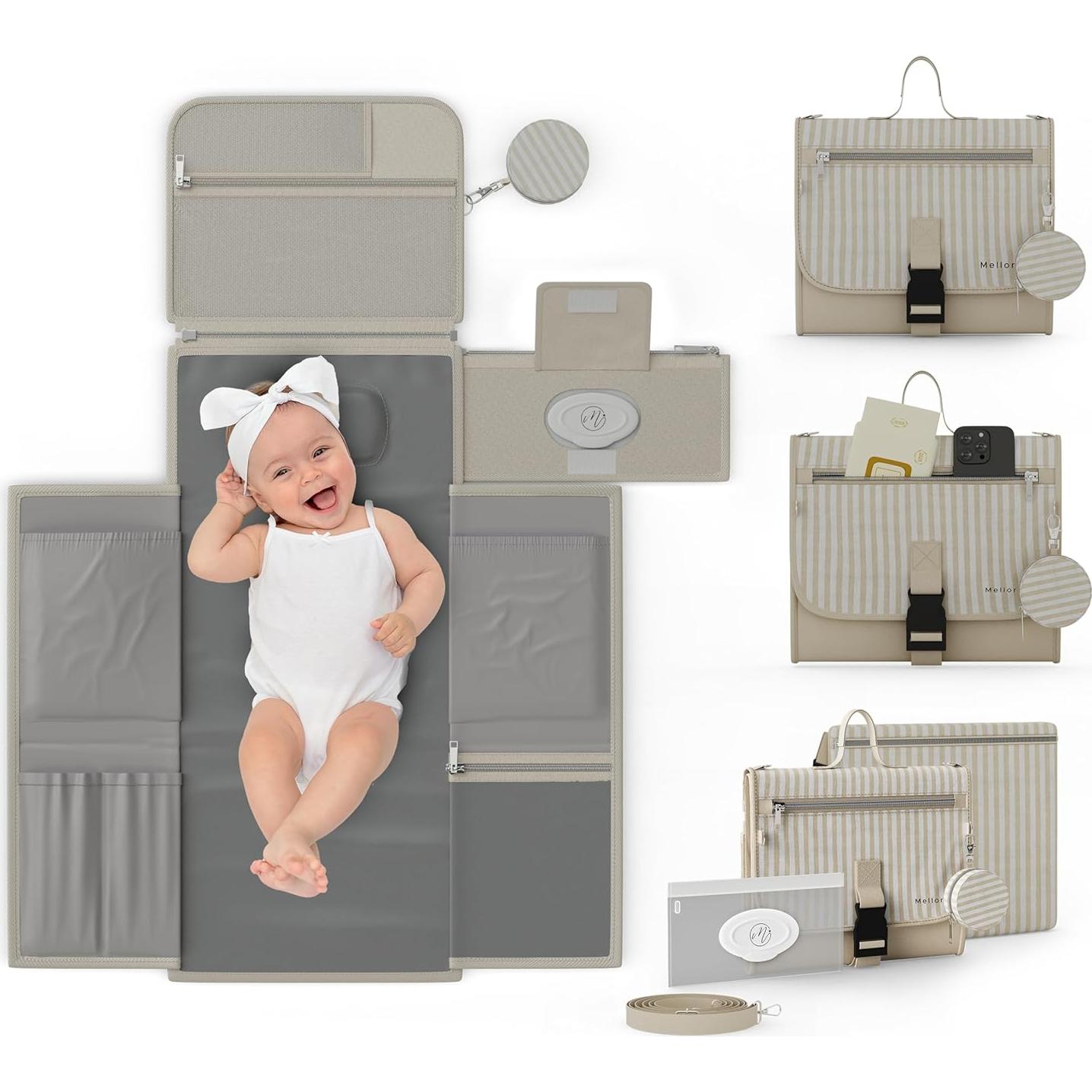 Almohadilla de Cambio de Pañales Portátil Mellories Beige - Impermeable, 9 Bolsillos