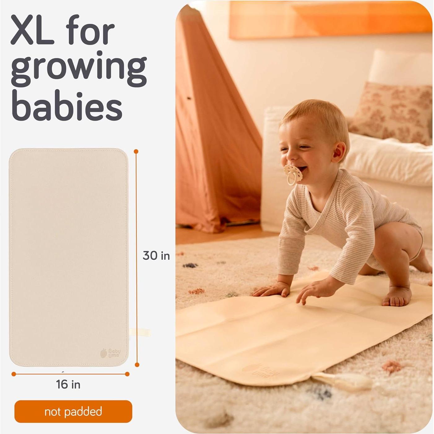 Baby Uma Vegan Leather Baby Changing Mat - Waterproof & Wipeable Changing Pad, XL for Growing Babies, Non-Toxic, Lead-Free & Phthalate-Free, Folds up for Easy Transport, 30″ x 16″ (Ivory)
