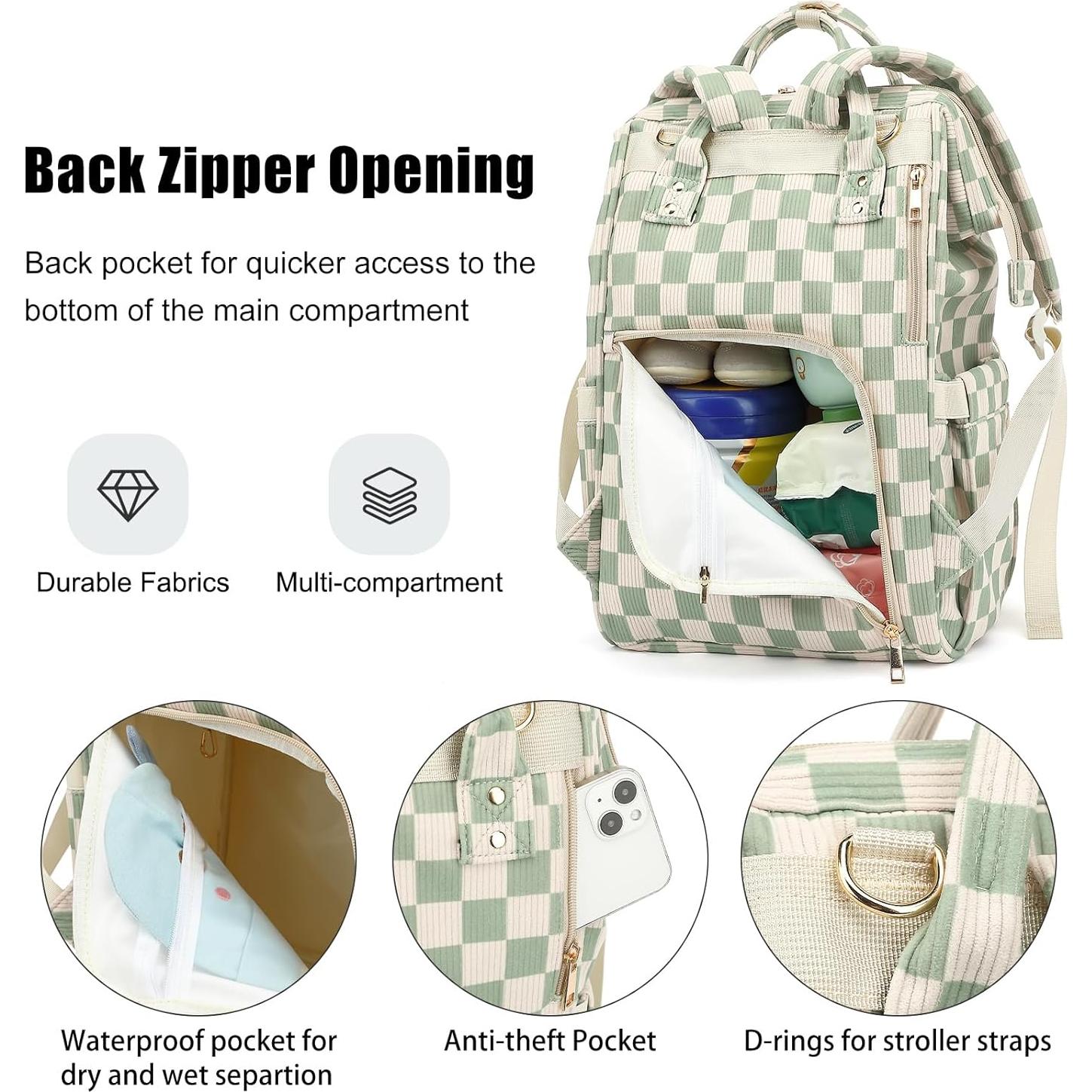 Mochila de Pañales Pana Verde Cuadros 22L para Mamá