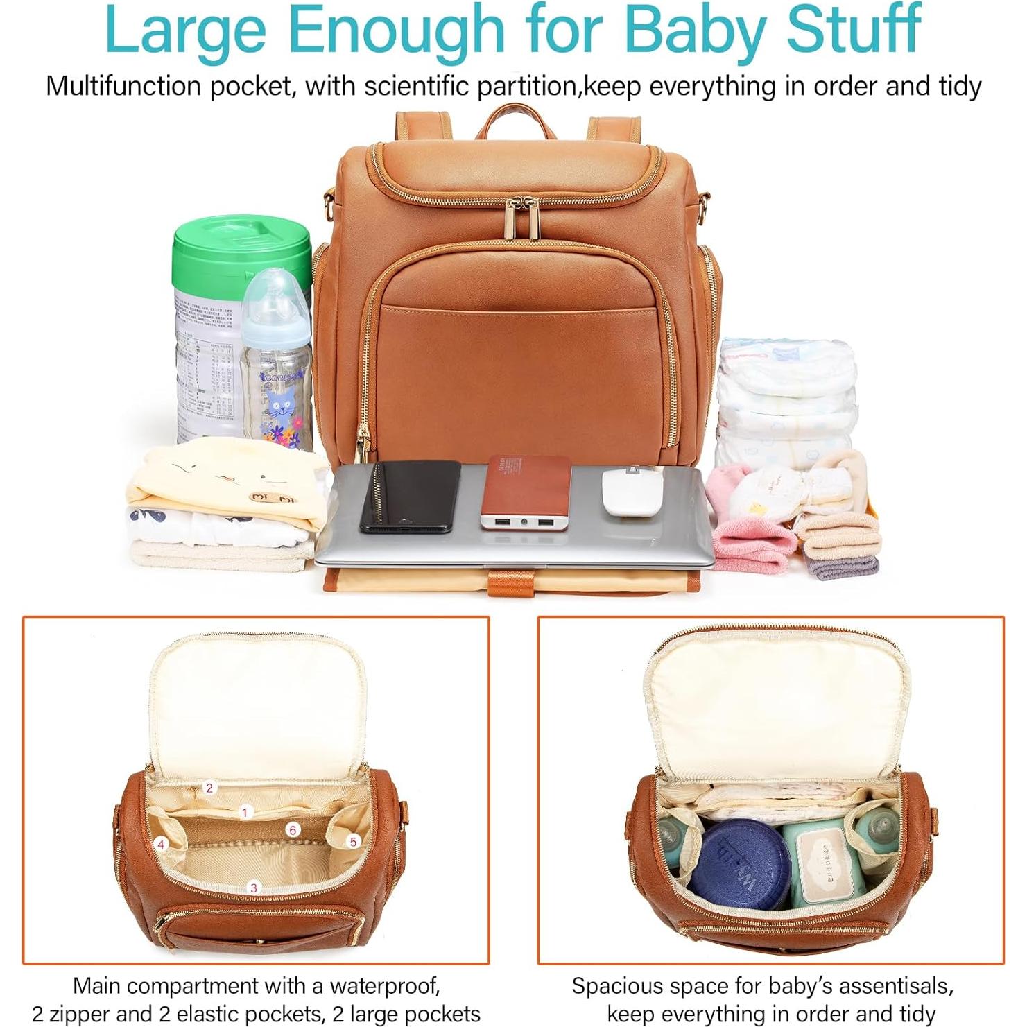 Mochila de Pañales de Cuero Vegano Marrón con Cambiador