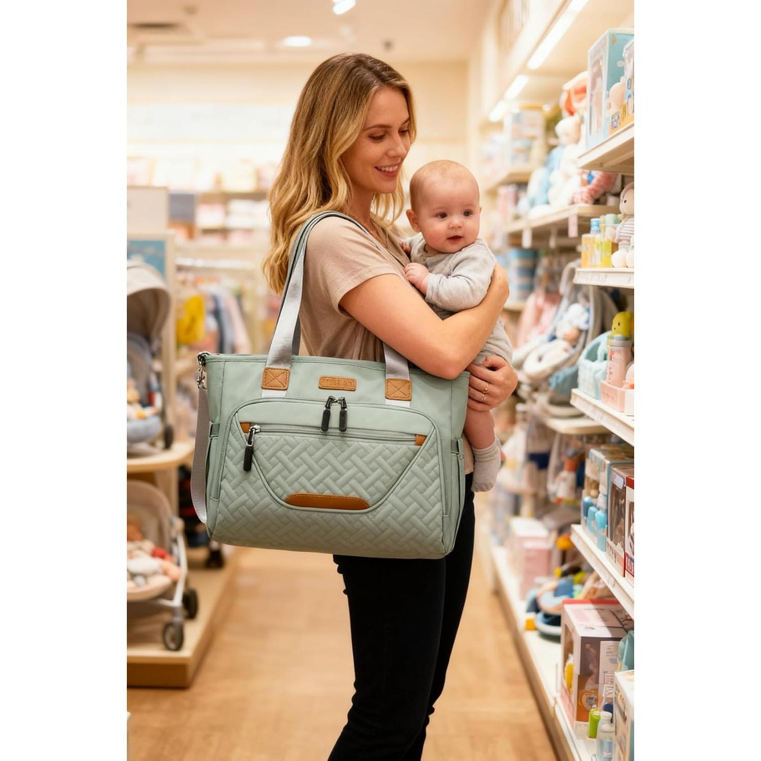 Bolsa de Pañales Grande Tote Nylon Gris Morandi con Compartimentos