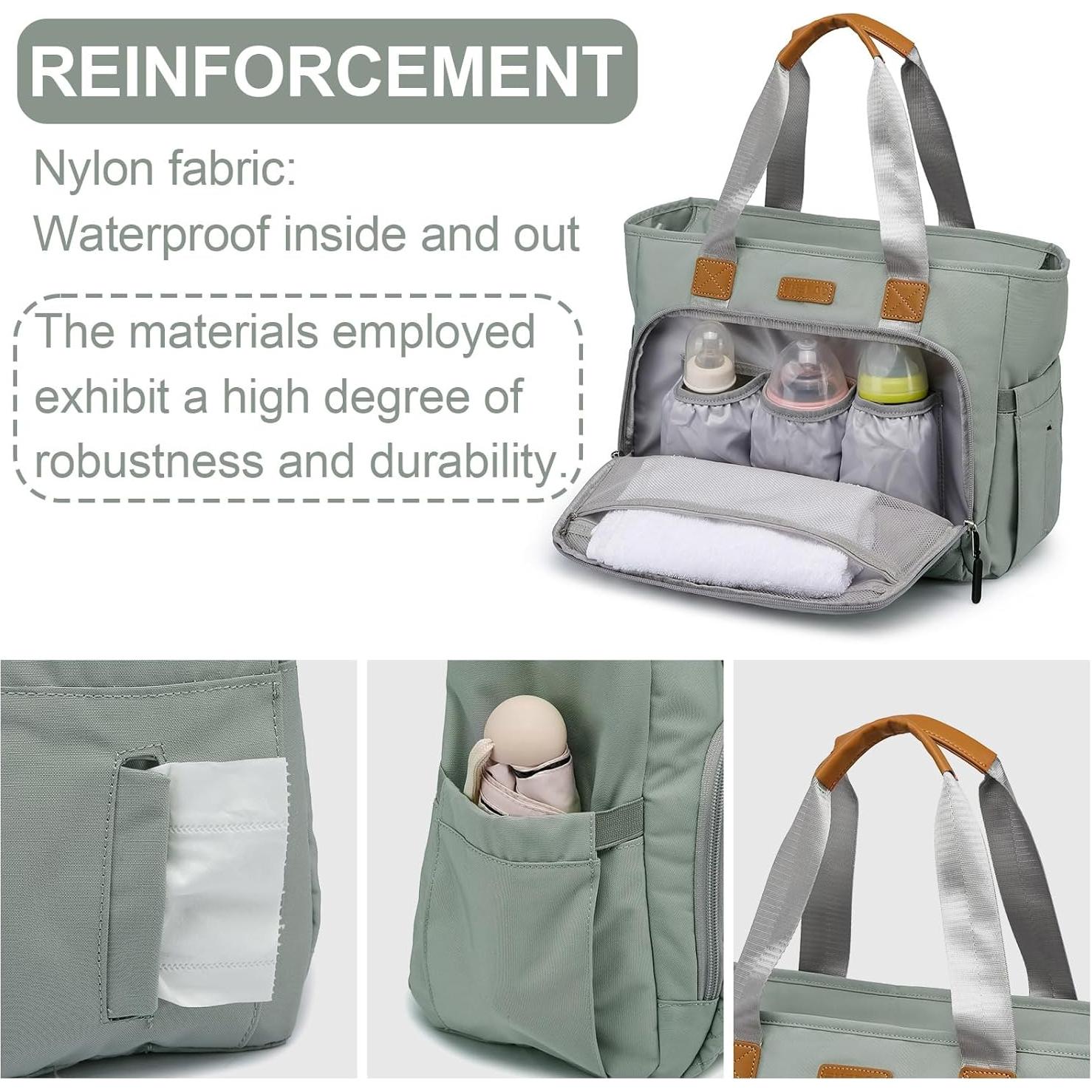 Bolsa de Pañales Grande Tote Nylon Gris Morandi con Compartimentos