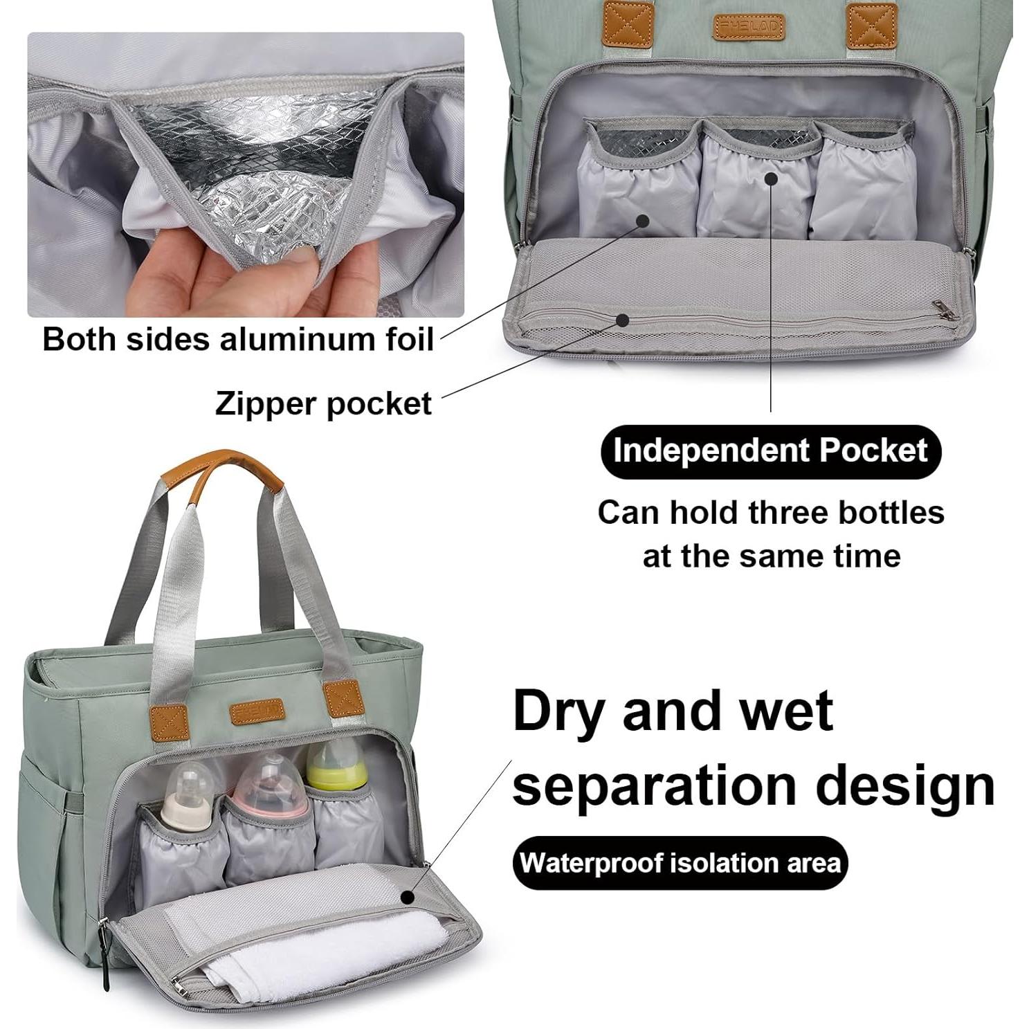 Bolsa de Pañales Grande Tote Nylon Gris Morandi con Compartimentos